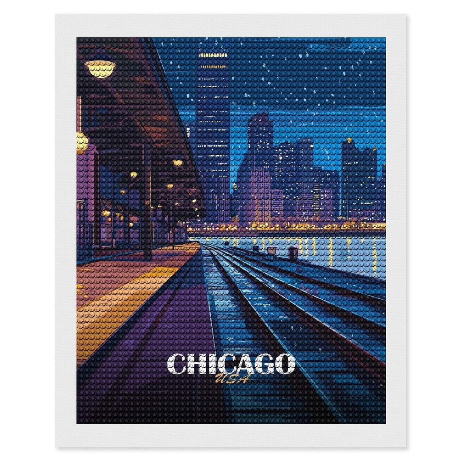 Junmoney Chicago Cityscape at Night Full Drill Diamond Painting Kit 16"x20", Sparkling Round Gems, Decorate Your Room, Mindful Craft Activity