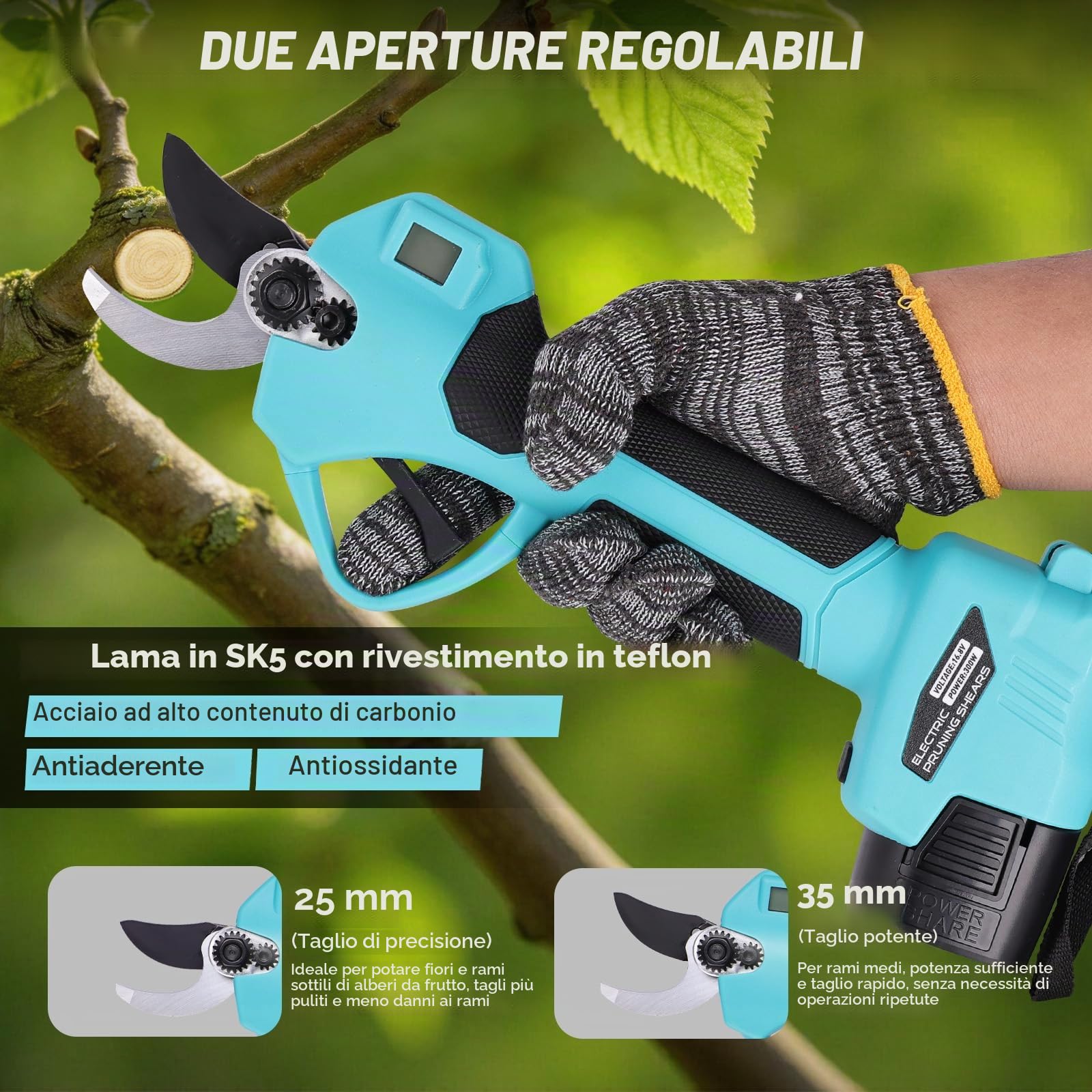 Forbici Potatura a Batteria 35mm 2 Batterie 21V 2.0Ah, Cesoie Elettriche con Motore Brushless, Lame SK5 Rivestite in PTFE per Giardino, Ulivi e Alberi da Frutto Blu