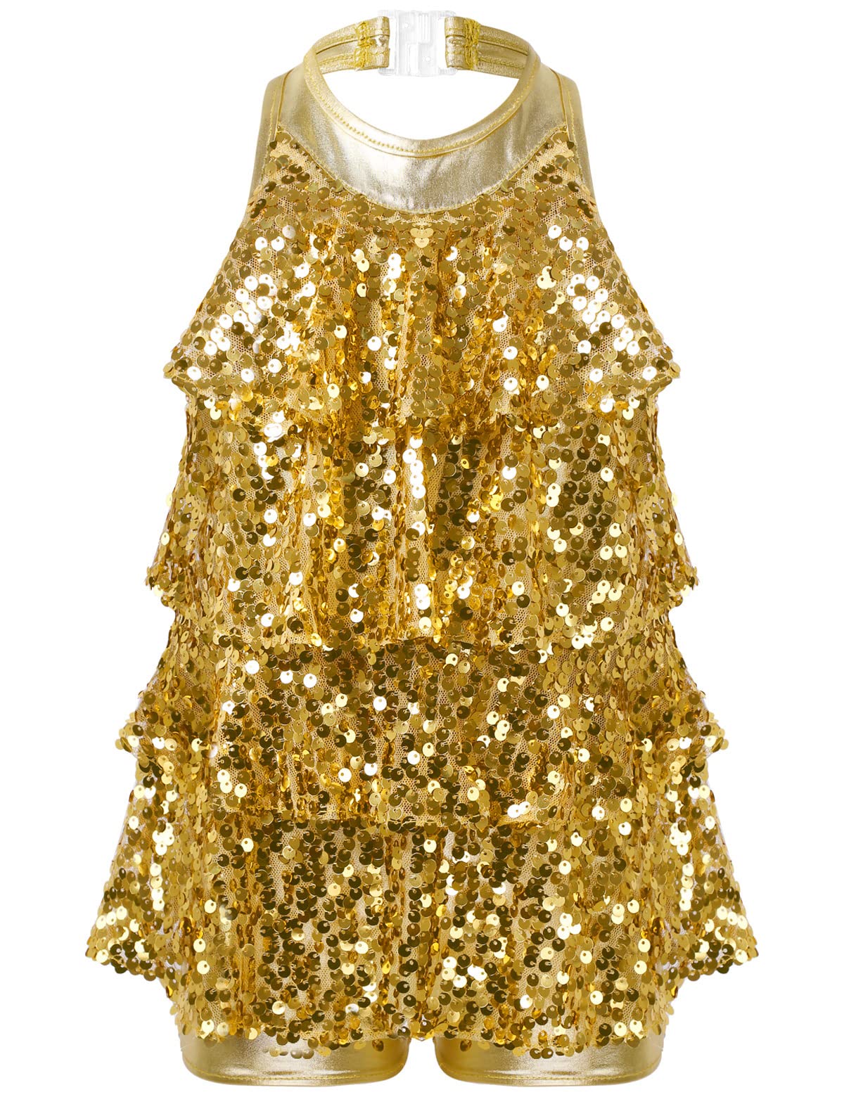 JanJean Kids GirlsSequins Halter Neck Ballet Jazz Modern Latin Dress Ballroom Performance Competition Costume Dancewear Gold 12 Years