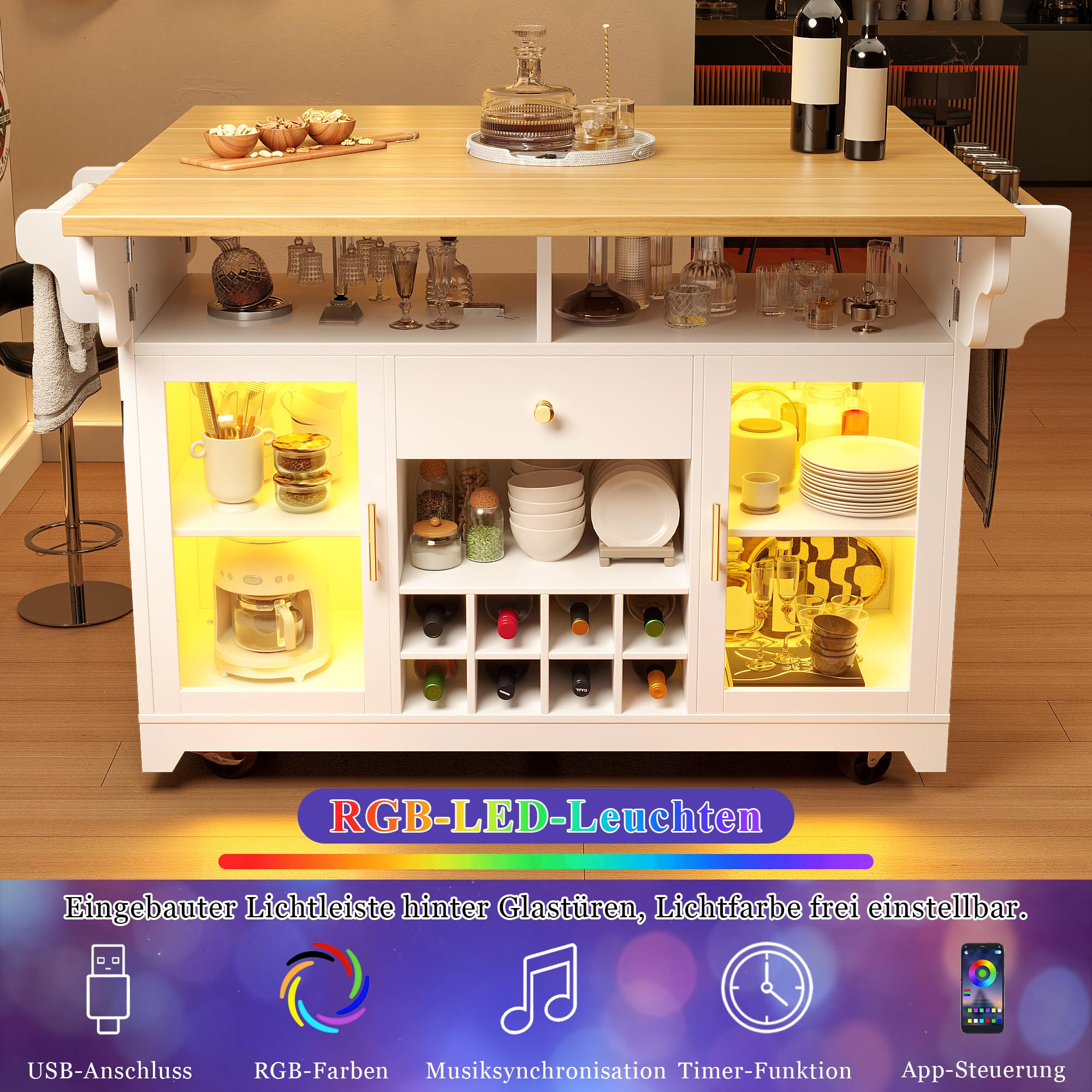 Isola da cucina, carrello da portata con illuminazione LED RGB, piano del tavolo pieghevole su entrambi i lati, carrello da cucina con ripiani regolabili e portabottiglie mobile, per cucina e