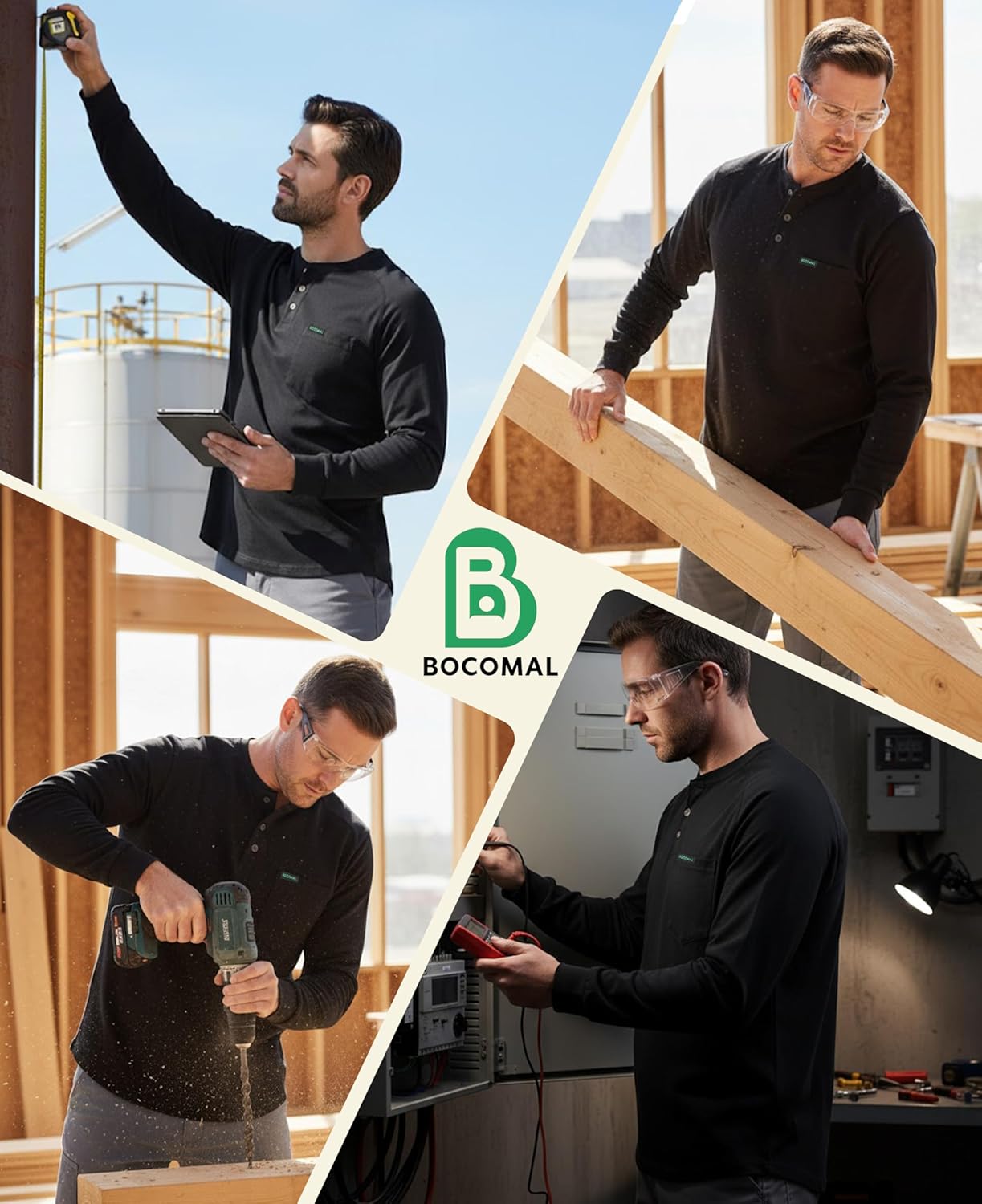 BOCOMAL Men's Long Sleeve Work Shirts Henley Midweight Soft Cotton Tencel Blended Pocket Tee Relax Fit Workwear - Image 2