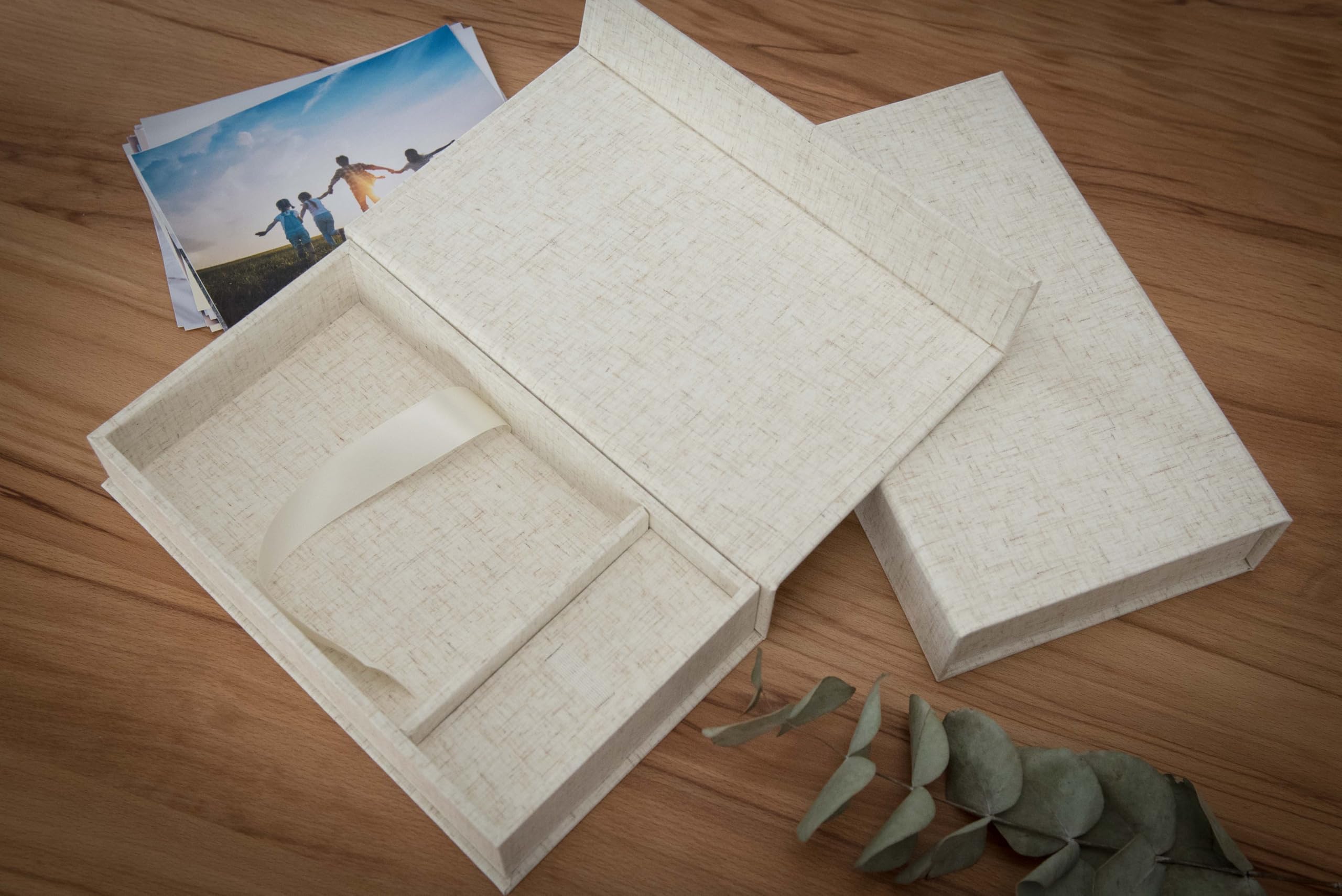 Scatola porta USB per matrimonio, con scatola per foto, 13 x 18 cm, tessuto di lino, colore naturale