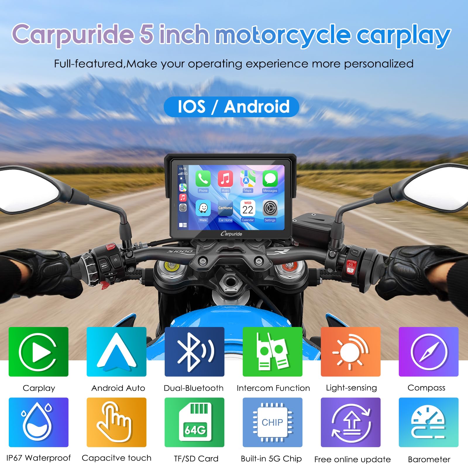 Carpuride W502BPro para B.-M.W Moto CarPlay y Android Auto y Bluetooth Dual