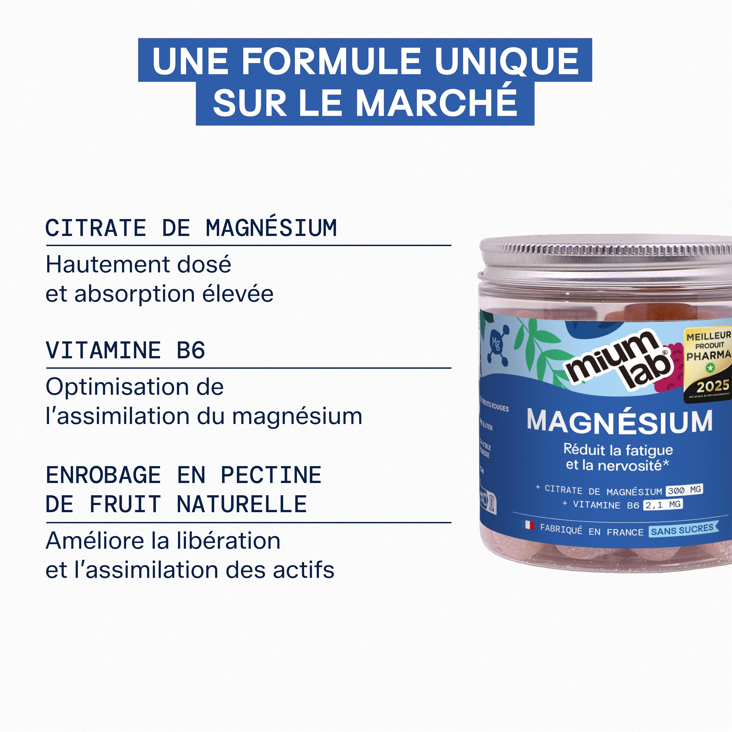 Mium Lab Gummies Magnésium 300mg - Magnesium Citrate et Vitamine B6 - Anti Stress, Fatigue et Nervosité - Complément Alimentaire Magnesium Adulte et Enfant - Goût Fruits Rouges - Gummies Sans sucres
