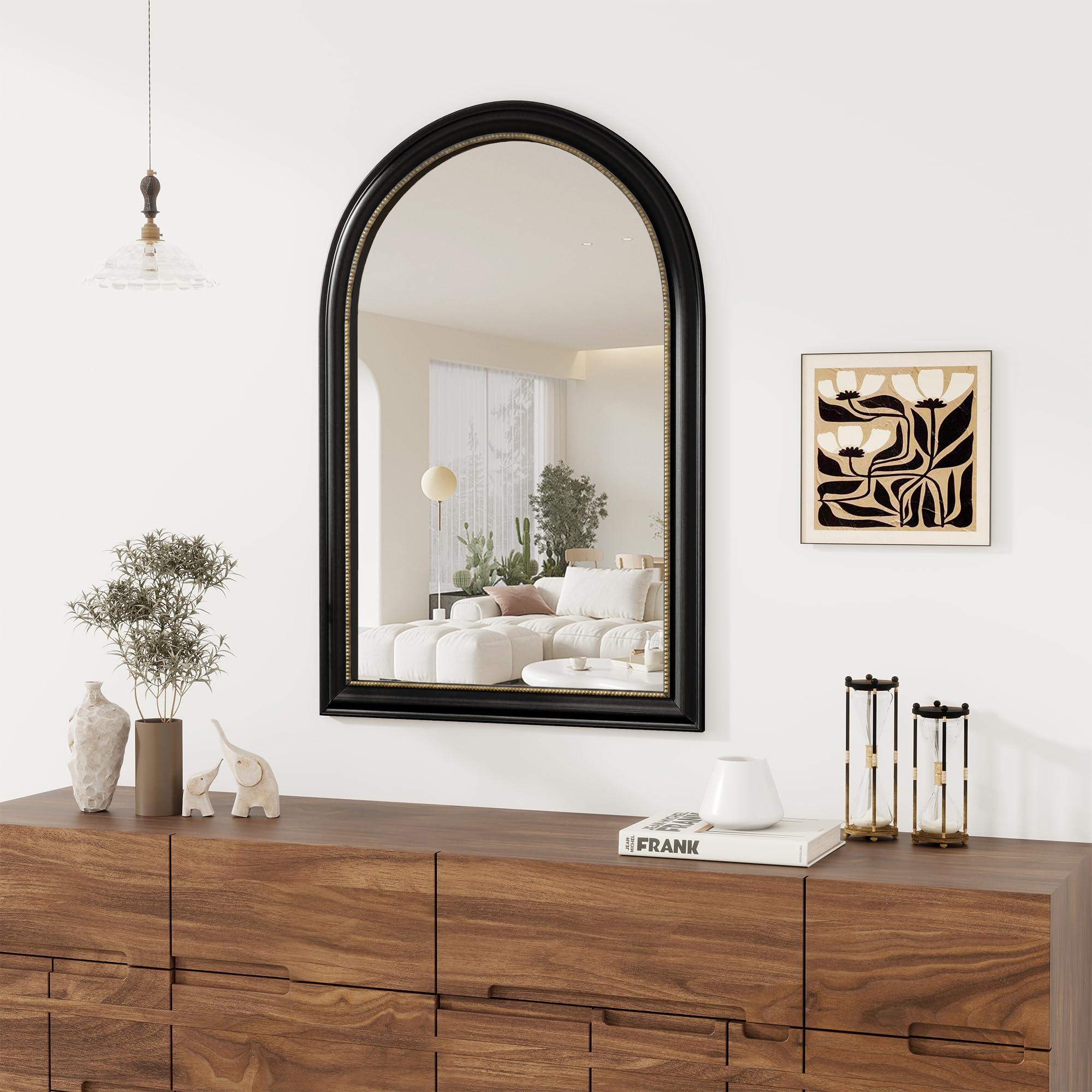 Axeman 24x36 Arched Wall Mirror, Decorative Bathroom Mirror, Traditional Vintage Wall Mounted Mirror with Beaded Frame for Accent Living Room Vanity