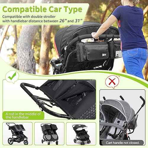 Miniatura 2 de ZZM Organizador doble para cochecito con 2 bolsillos refrigerantes, compatible con Bob Duallie, Jeep y Baby Jogger City Mini GT2, accesorios para