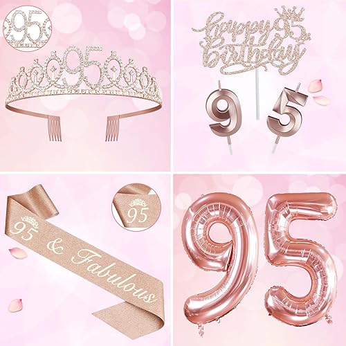 Miniatura 5 de Decoraciones de fiesta de cumpleaños 95 para mujer, incluyendo banda de cumpleaños 95, corona de cumpleaños, velas de cumpleaños número 95 y adorno