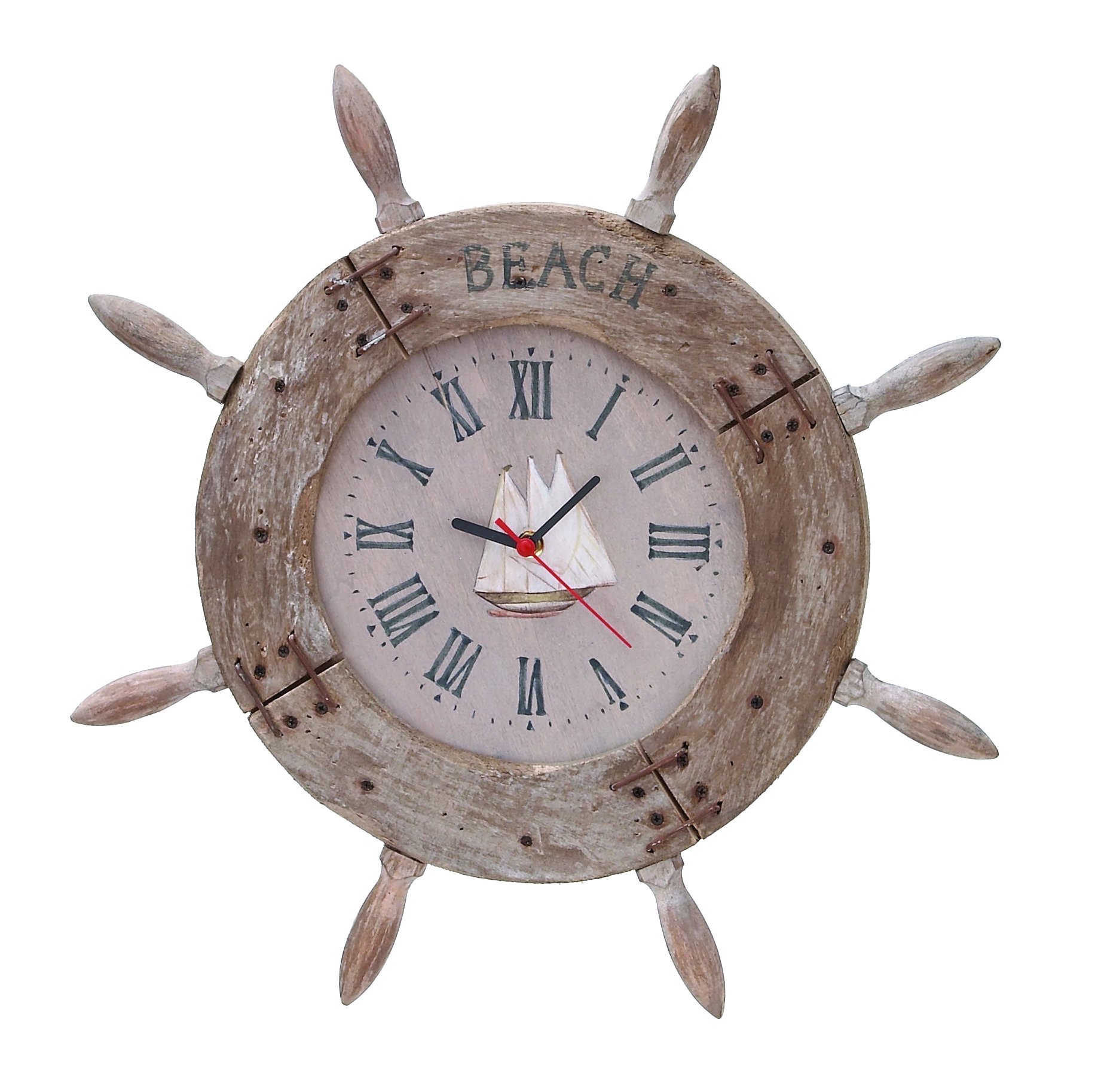 Horloge en bois de style marin grand gouvernail mural déco rétro chic
