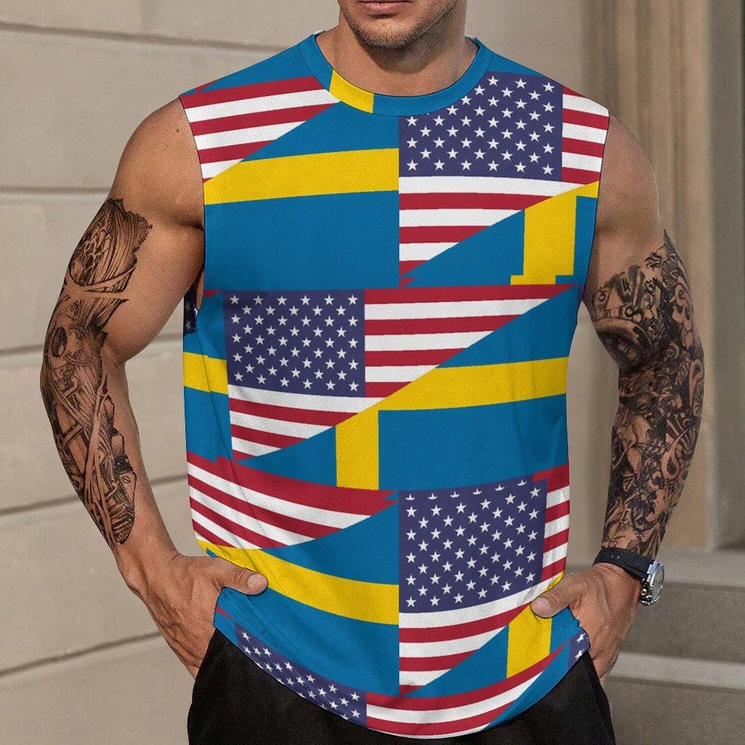 U.S. and Sweden Flag Men Summer Sleeveless Crew Neck Top 5XL