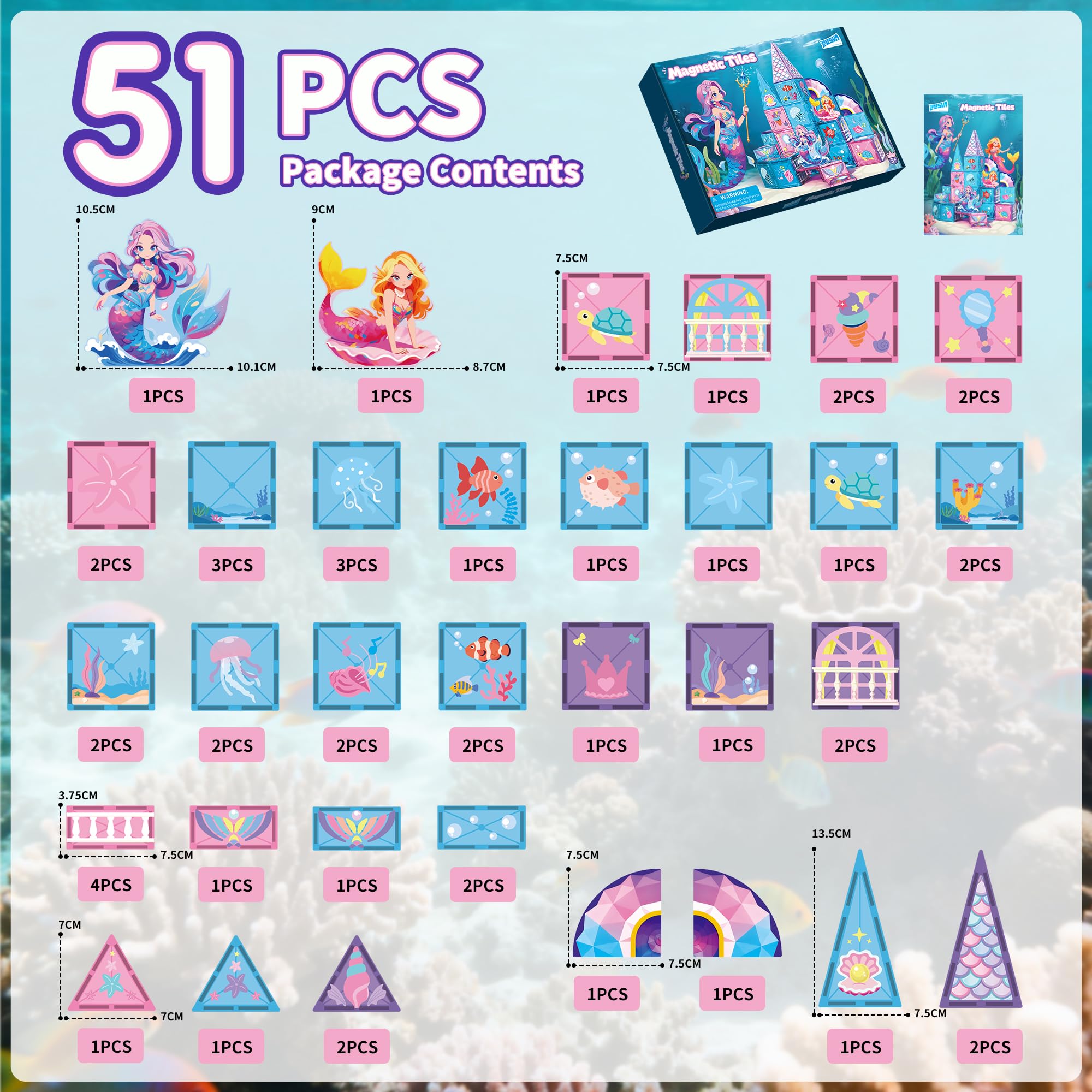 Set di Piastrelle Magnetiche Sirena, 51 PEZZI Giocattolo da Costruzione Magnetico per Ragazzi e Ragazze Regalo Età 3 4 5 6 7 Anni, Blocchi Magnetici Educativi STEM per Costruzioni Creative a Fine Apri