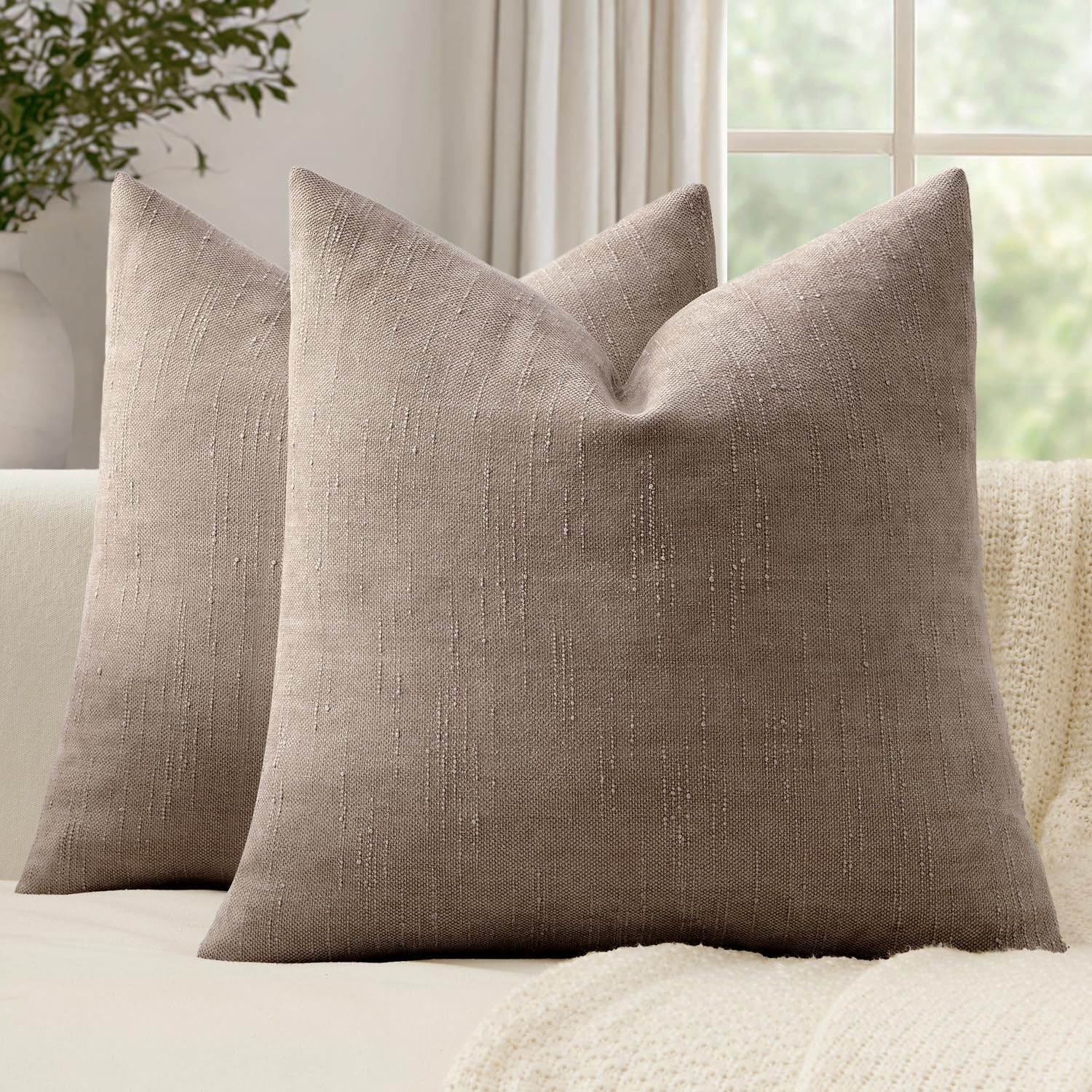 Woaboy Set of 2 Textured Throw Pillow Covers Decorative Soft Accent Square Chenille Pillowcases Neutral Farmhouse Cushions Modern Home Decor for Couch Sofa Bedroom Living Room 18x18 Inch, Light Taupe 18" x 18" (Pack of 2) Light Taupe