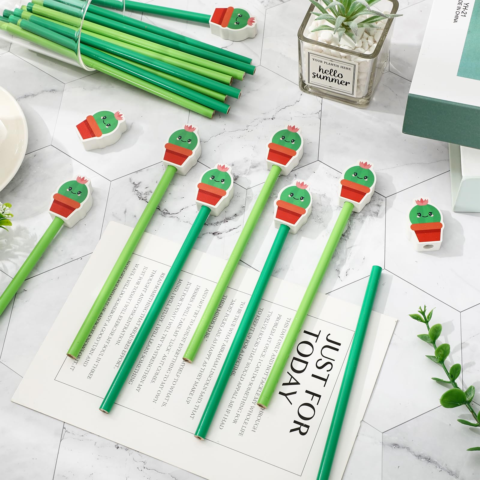 FYSUIMU 50 juegos de lápices de cactus con gomas de borrar y tarjetas, bonitos lápices de escritura de cactus en maceta, regalos de regreso a clases, oficina, papelería, recuerdos de fiesta
