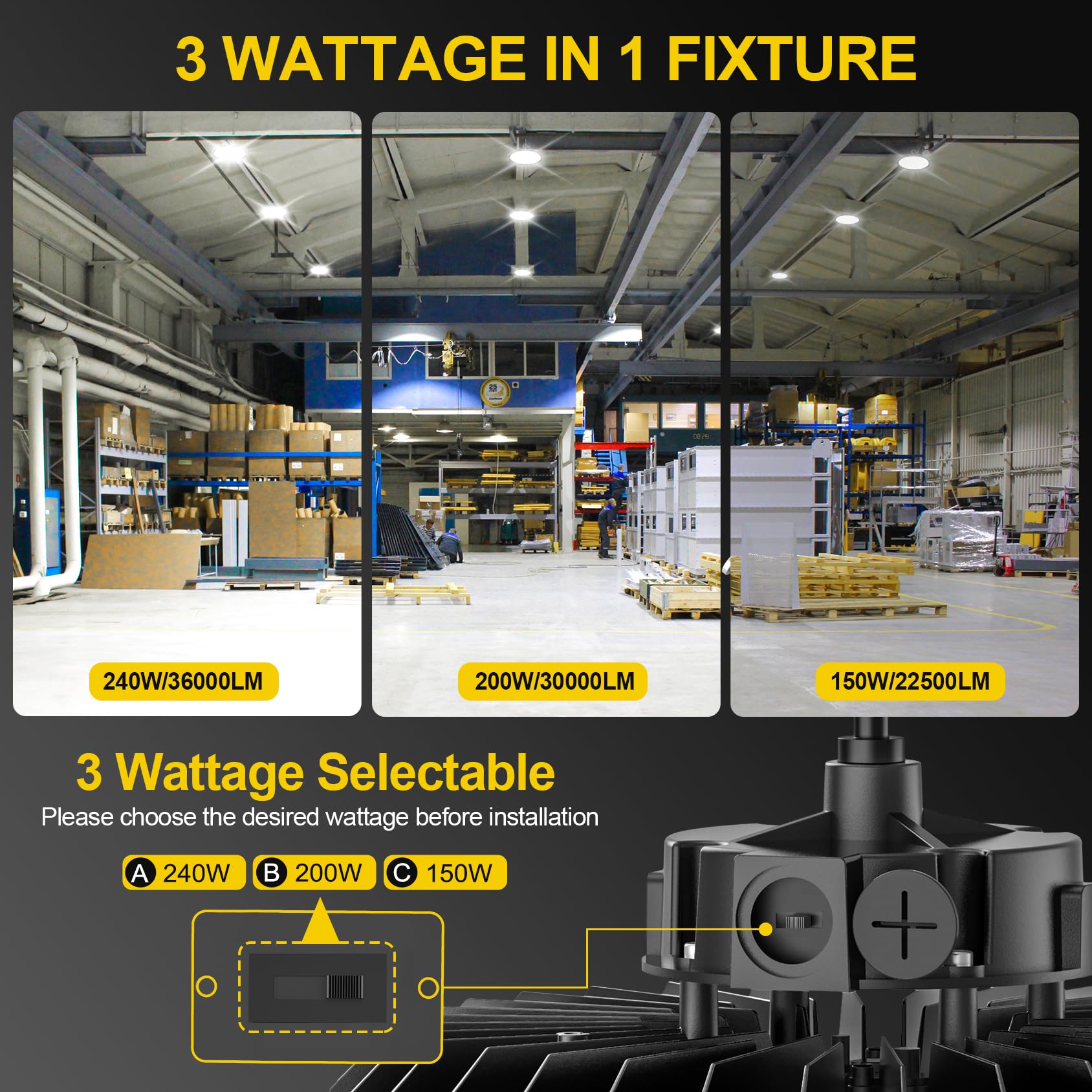 9Pack 480V UFO LED High Bay Light 240W 200W 150W Adjustable 36000Lm 5000K High Bay Led Shop Lights — view 3