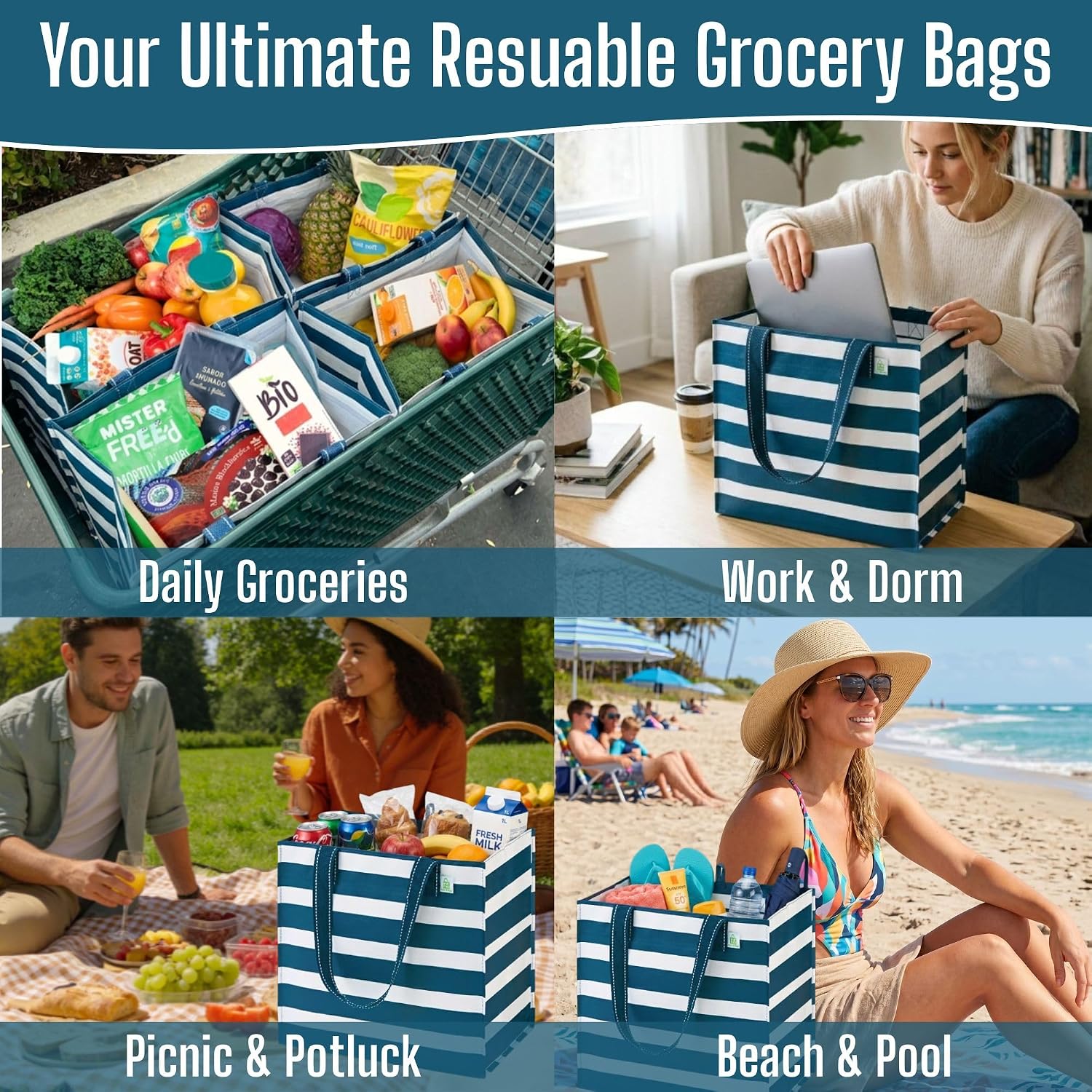 VENO 4 Pack Large Grocery Bag Reusable Shopping Bags with Hard Bottom image 5