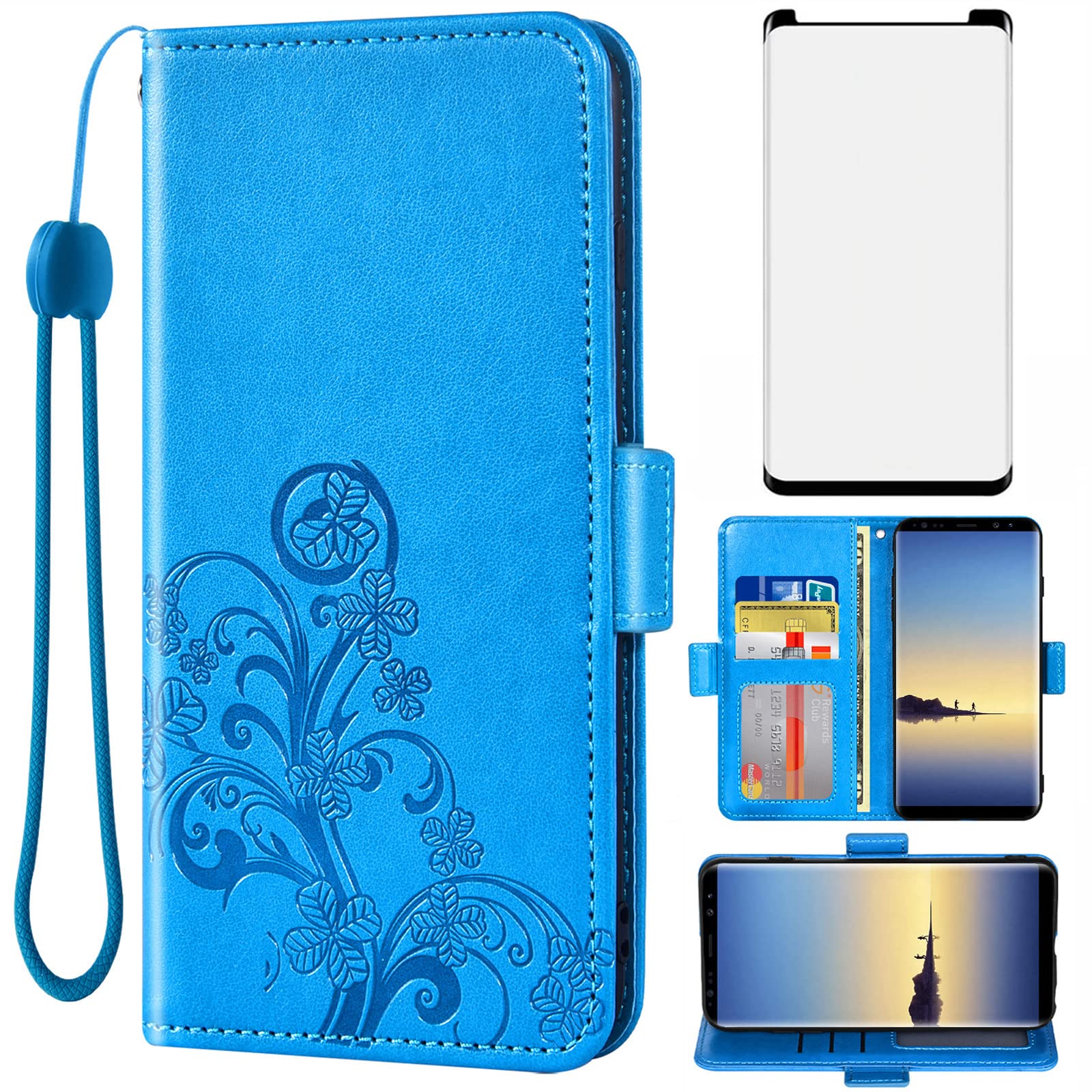 Funda cartera para Samsung Galaxy Note 8 protector vidrio templado azul 8
