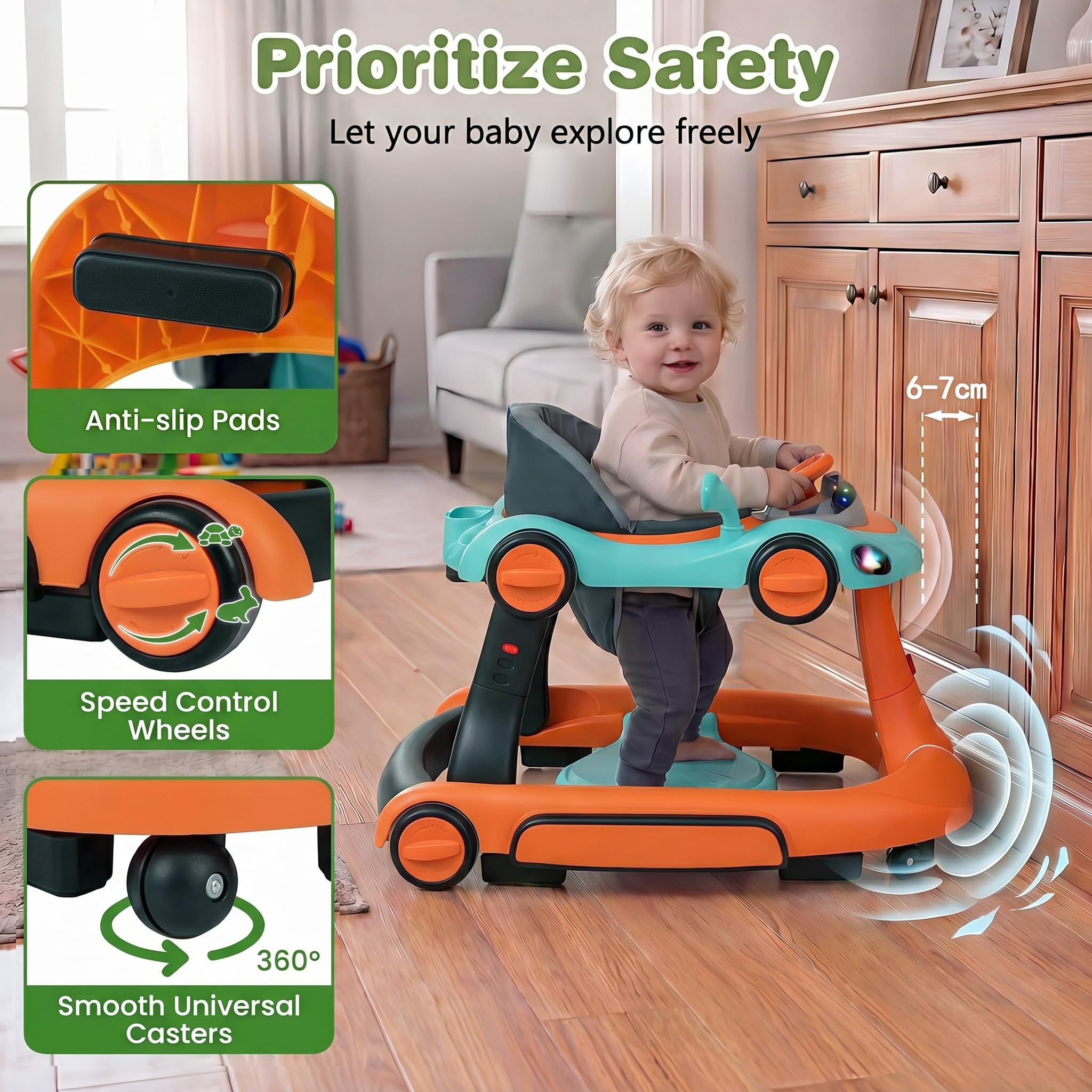 LIFEZEAL 6 in 1 girello per bambini con tettuccio, Girello Trasformabile, Pieghevole, altezza e velocità regolabili, Baby Walker con luce, musica, Portata 12 kg, per Bambini 7-18 Mesi (arancione)