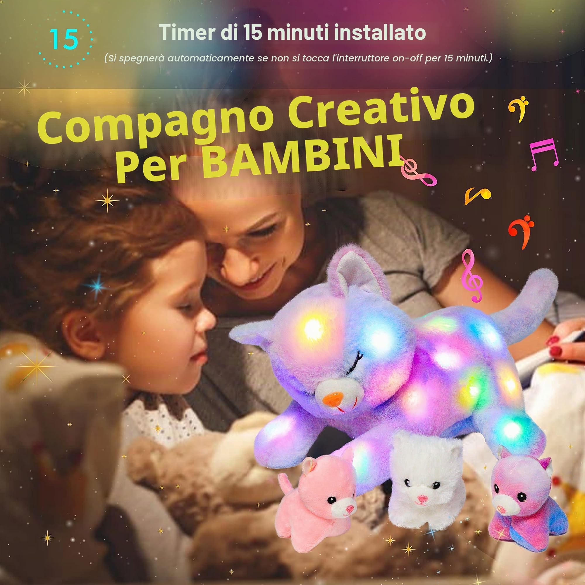 Hopearl Giocattoli di peluche a LED con 3 gattini nella pancia, regalo per bambini e bambine, arcobaleno, 45 cm