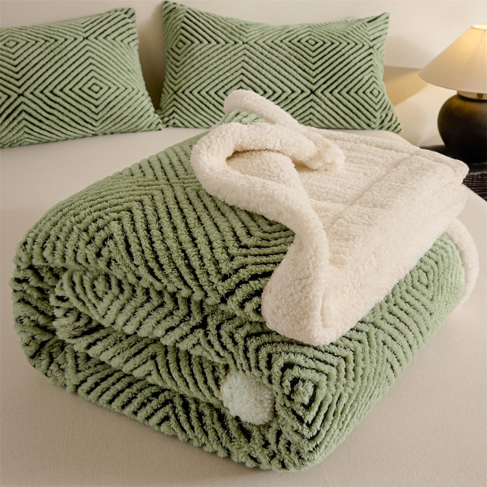 ENEN Mantas para Sofa Cama de Sherpa, Forro Polar Cálido + Sherpa Suave Sábanas Manta Felpa Invierno Textura Jacquard Blanket para Mascota Cama Habitacion Dormitorio (Hierba Verde,180x200cm)