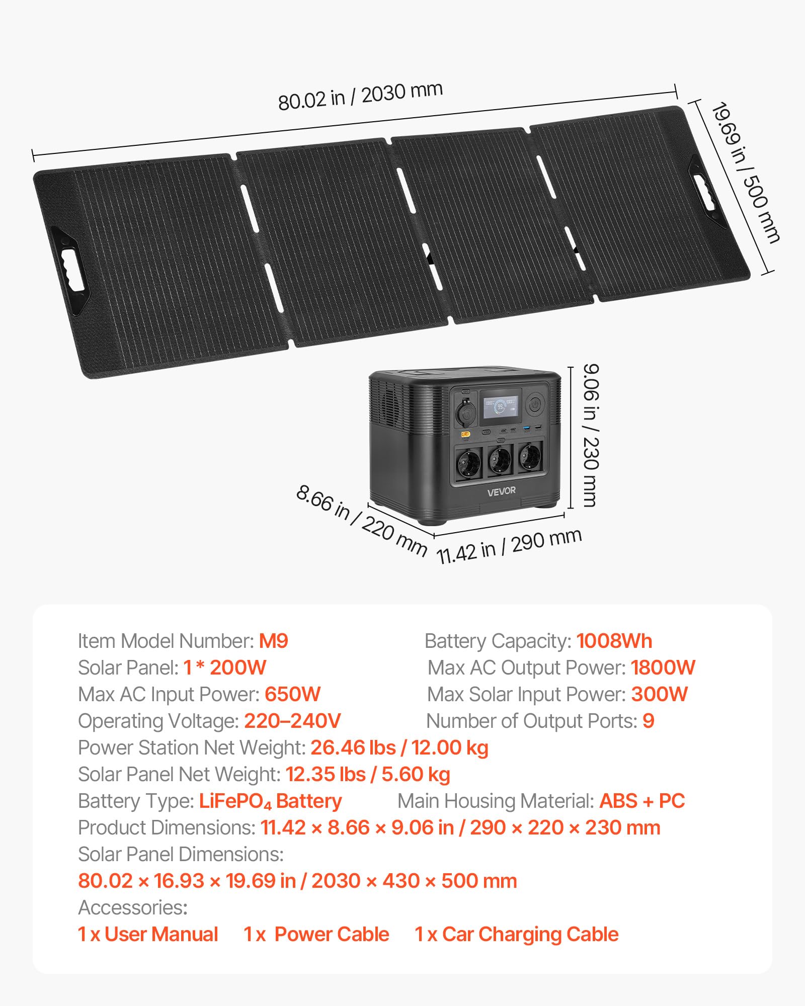 VEVOR Station Électrique Portable 1800 W Générateur Solaire Portable Panneau Solaire 200 W Batterie Secours LiFePO4 1008 Wh pour Urgence Domestique, Camping, Voyage Camping-car, avec 9 Ports de Sortie
