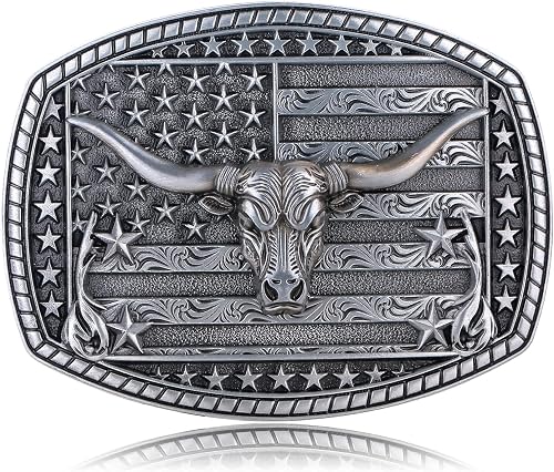 Btilasif Belt Buckles Men, American Flag Longhorn Bull Belt Buckle Big Western C