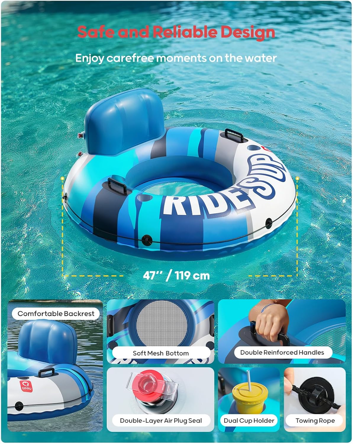 QPAU Inflatable River Tube, 0.4 mm Thickened Puncture-Resistant Heavy Duty River Float, River Raft with Ergonomic Backrest, Mesh Bottom & 2 Cup Holders for Family Friends Lake Float