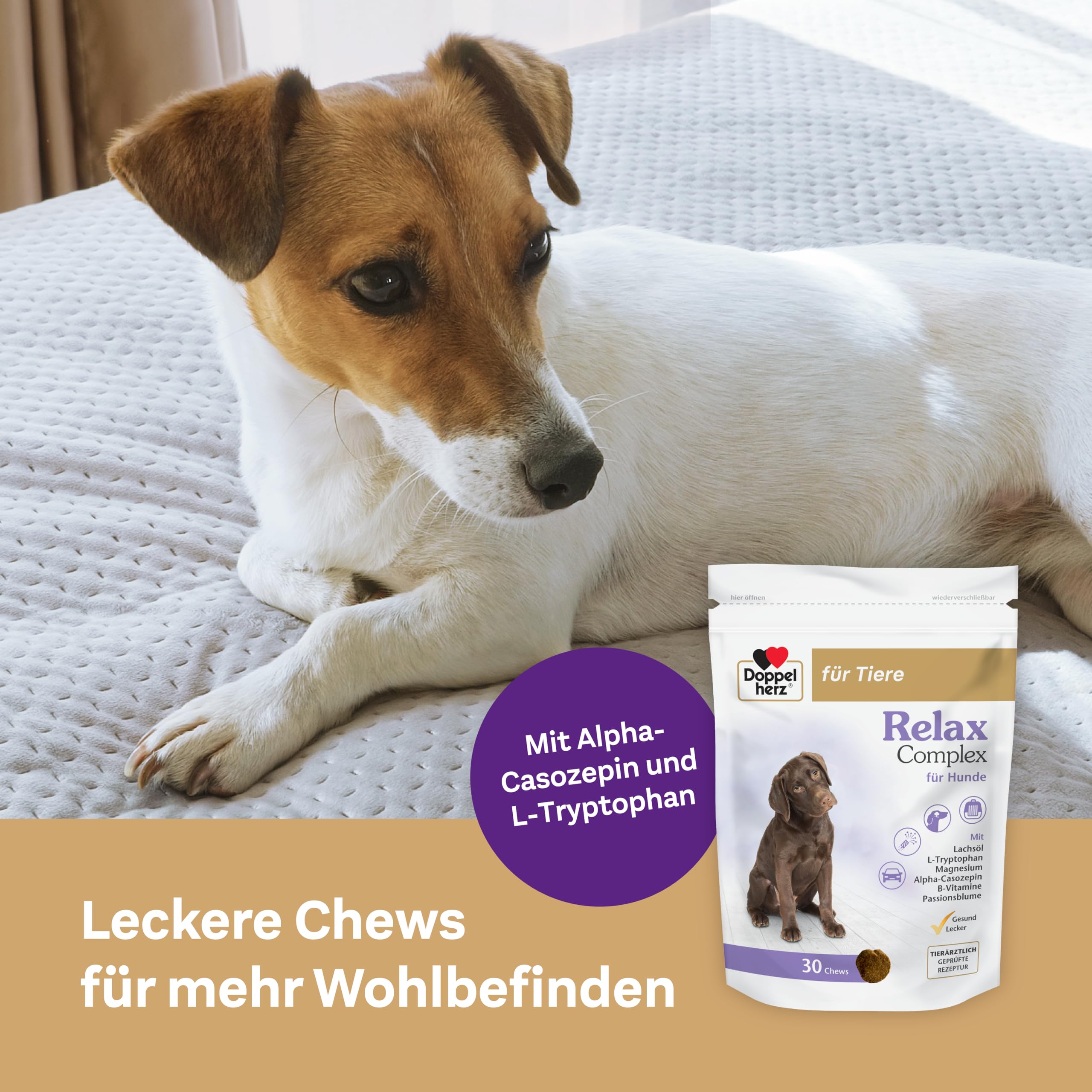 Doppelherz Relax Complex für Hunde - Mit Alpha-Casozepin, L-Tryptophan und Passionsblume - Unterstützung für das mentale Wohlbefinden - 60 Chews
