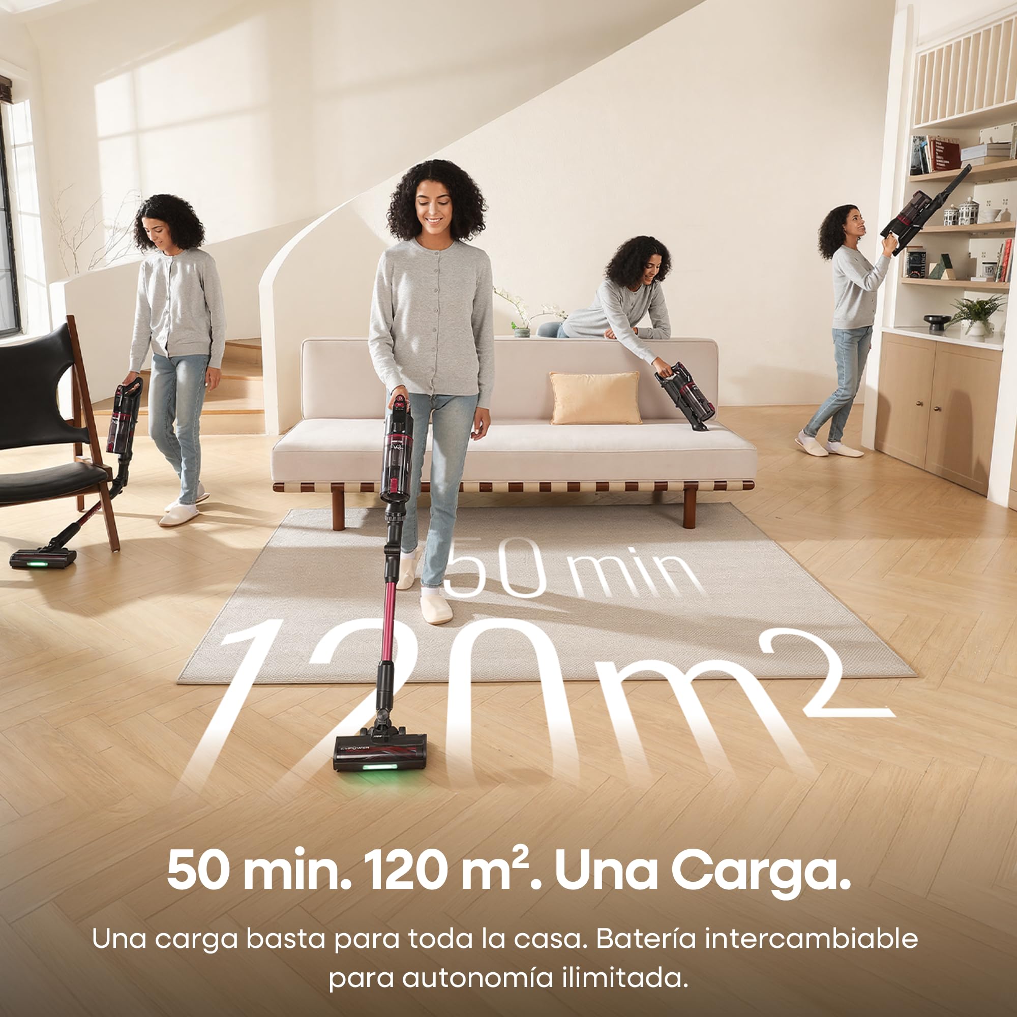 FAMIVAC FV3 Aspiradora sin Cable 60KPa/50Min/120㎡, Barra Plegable, Autoportante con Cepillo Antienredo y Luz Verde, Ligero de 1.5KG, Aspiradora de Mano para Suelos/Alfombras/Pelos/Coche