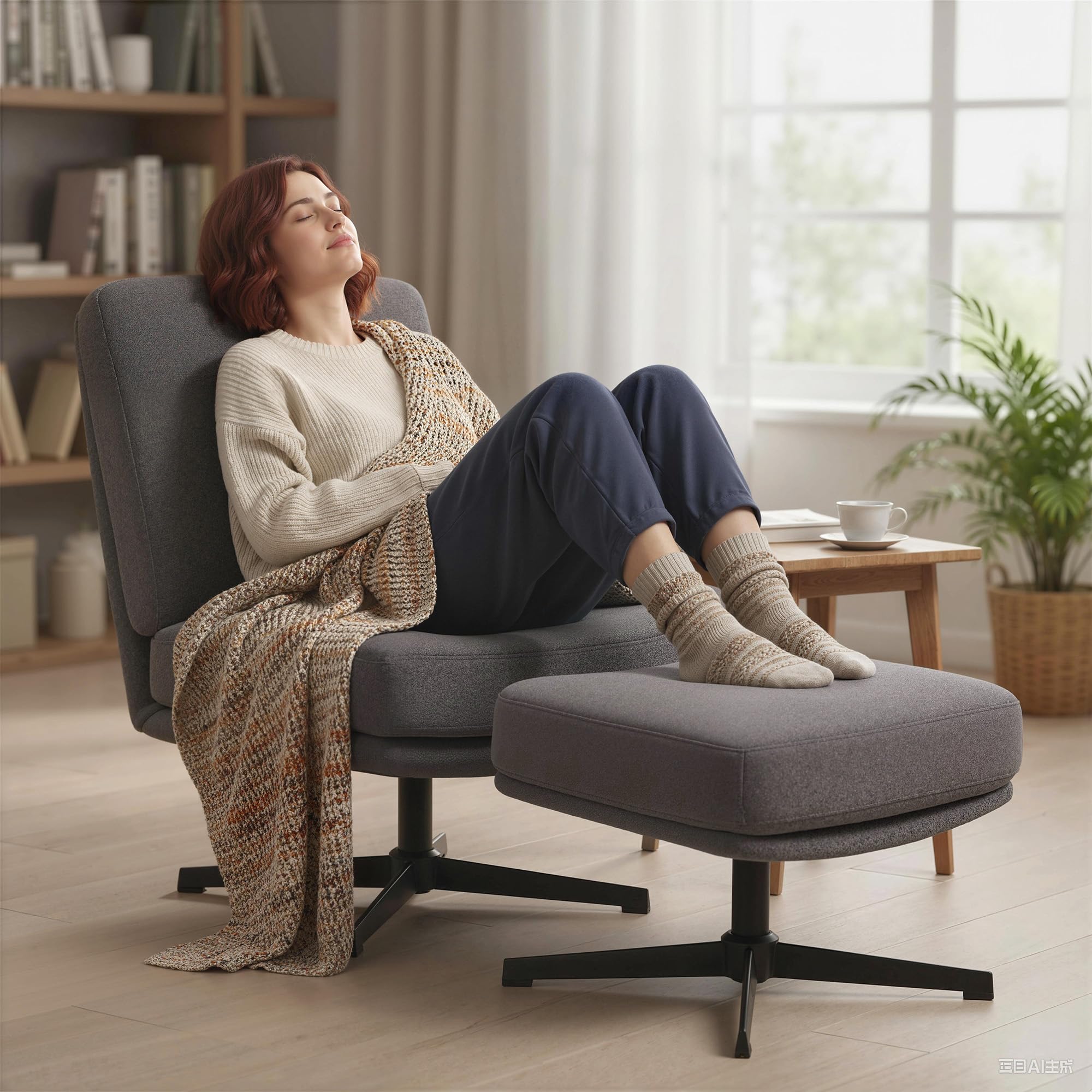HOMCOM Sessel mit Hocker Drehbar Loungesessel mit Leinenoptik Dunkelgrau | Dicker Breiter Sitz, Moderner Relaxsessel, Schneidersitz Polstersessel, Für Wohnzimmer, Schlafzimmer