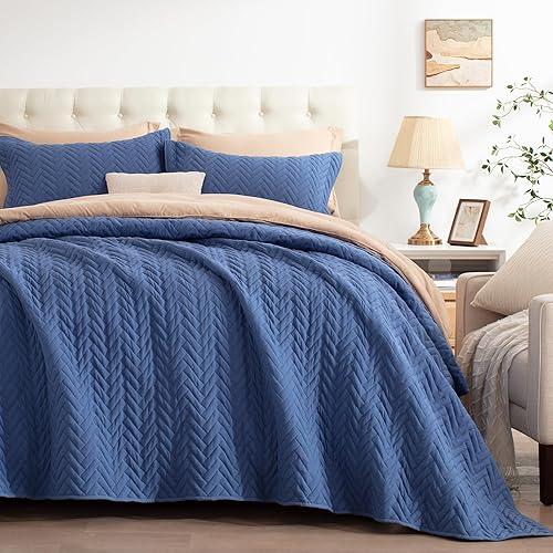 GRT Juego de edredón azul marino tamaño King con fundas de almohada, edredón ligero, reversible, estilo moderno, patrón rectangular, juego de ropa