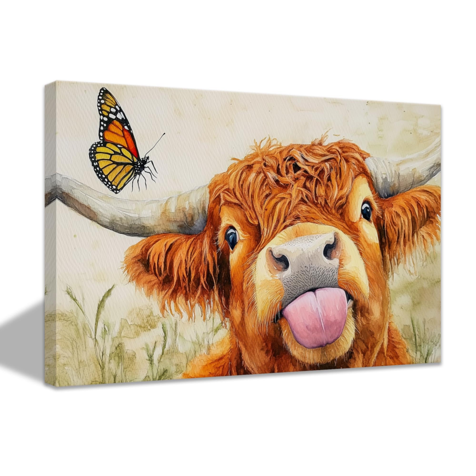 CCWACPP Highland Cow Canvas Wall Art Funny Highland Cattle Picture Cow with Butterfly Painting Prints Abstract Farm Animal Wall Decor for Bedroom Home Framed (30.00 x 45.00 cms)