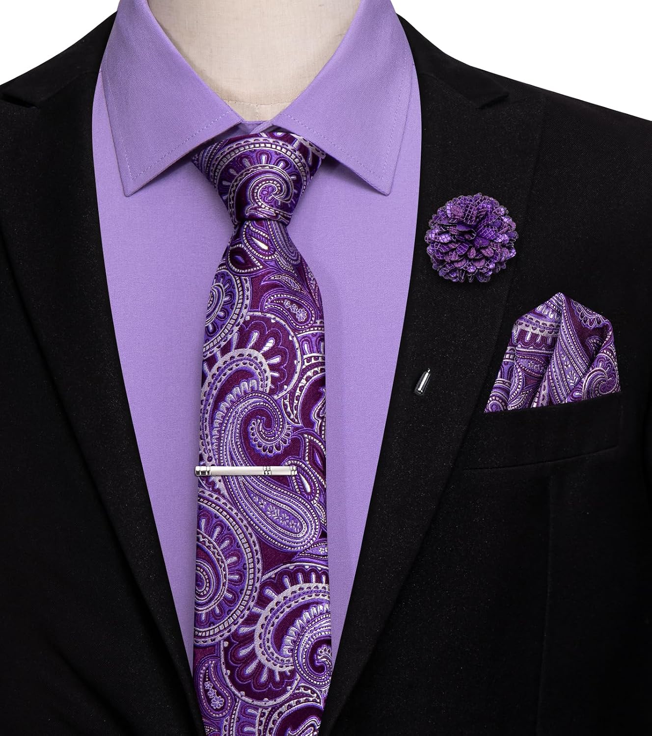 Hi-Tie Mens Dress Shirts and Tie Flower Lapel Pin Combo Long Sleeve Button Down Casual Formal Dress Shirts for Men