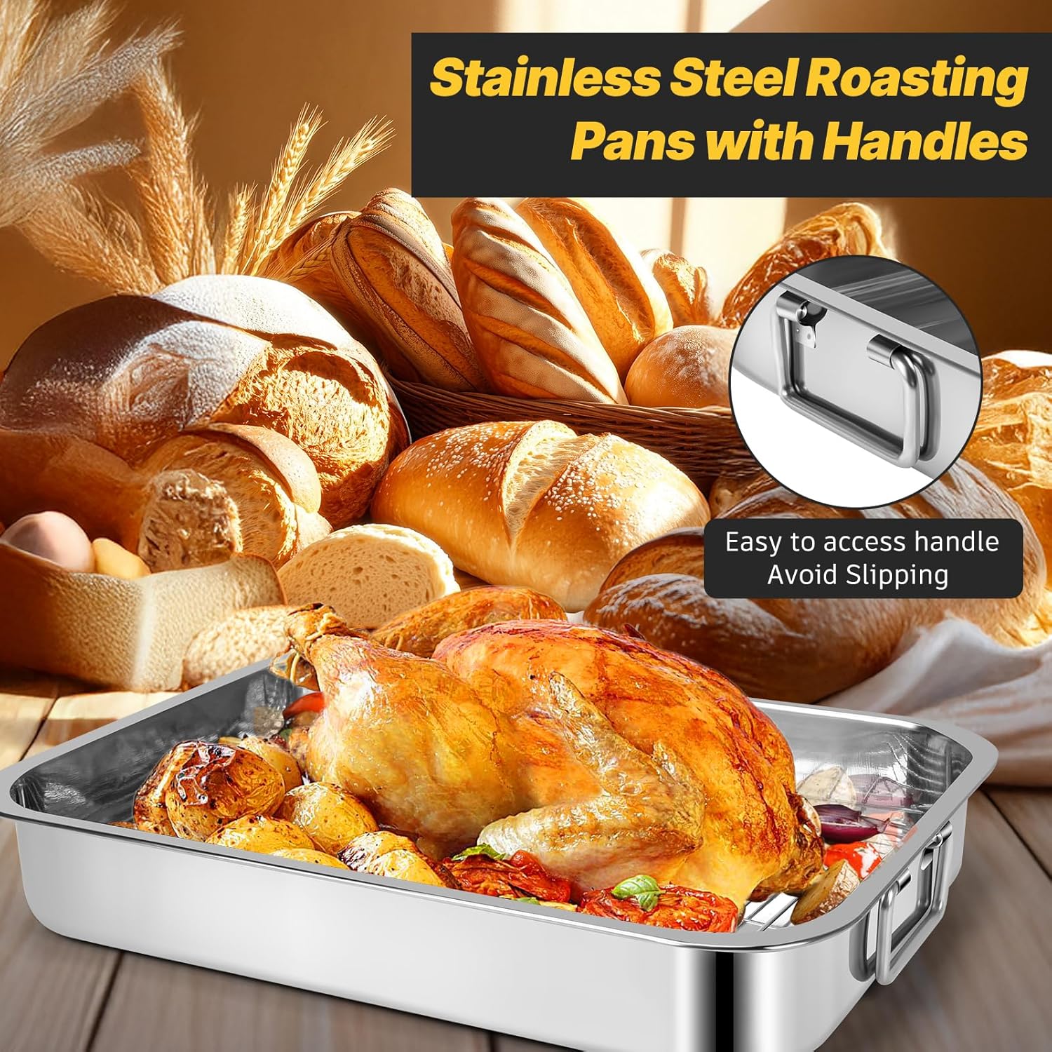 15.5" Stainless Steel Roasting Pans with Handles, Baking Pan for Oven with 2 Racks, Heavy Duty, Dishwasher Safe Rectangular Lasagna Pan with Handles for Turkey Chicken, Silver - Image 2