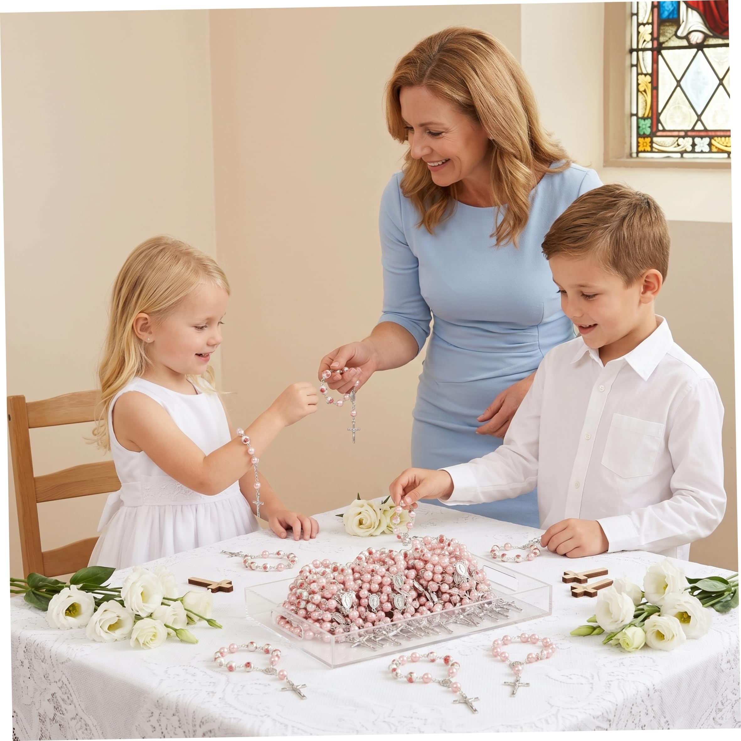 Mini chapelet, 50 pièces chapelet de baptême faveurs bracelets de perles fleurs en céramique avec pendentif croix pour baptême mariages première communion, 2, 2 pouces