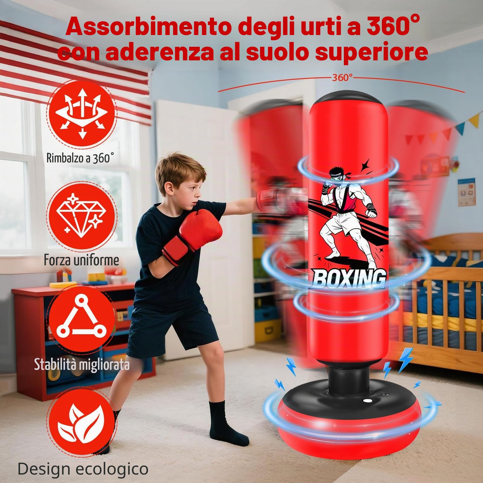 Qoosea Sacco da Boxe per Bambini, 168 cm Stabile Pungiball Bambini Gonfiabile con Guantoni da Boxe, per Pratica di Taekwondo Karate MMA, Sacchi da Boxe Gonfiabile per 3-14 Ragazzi Ragazze