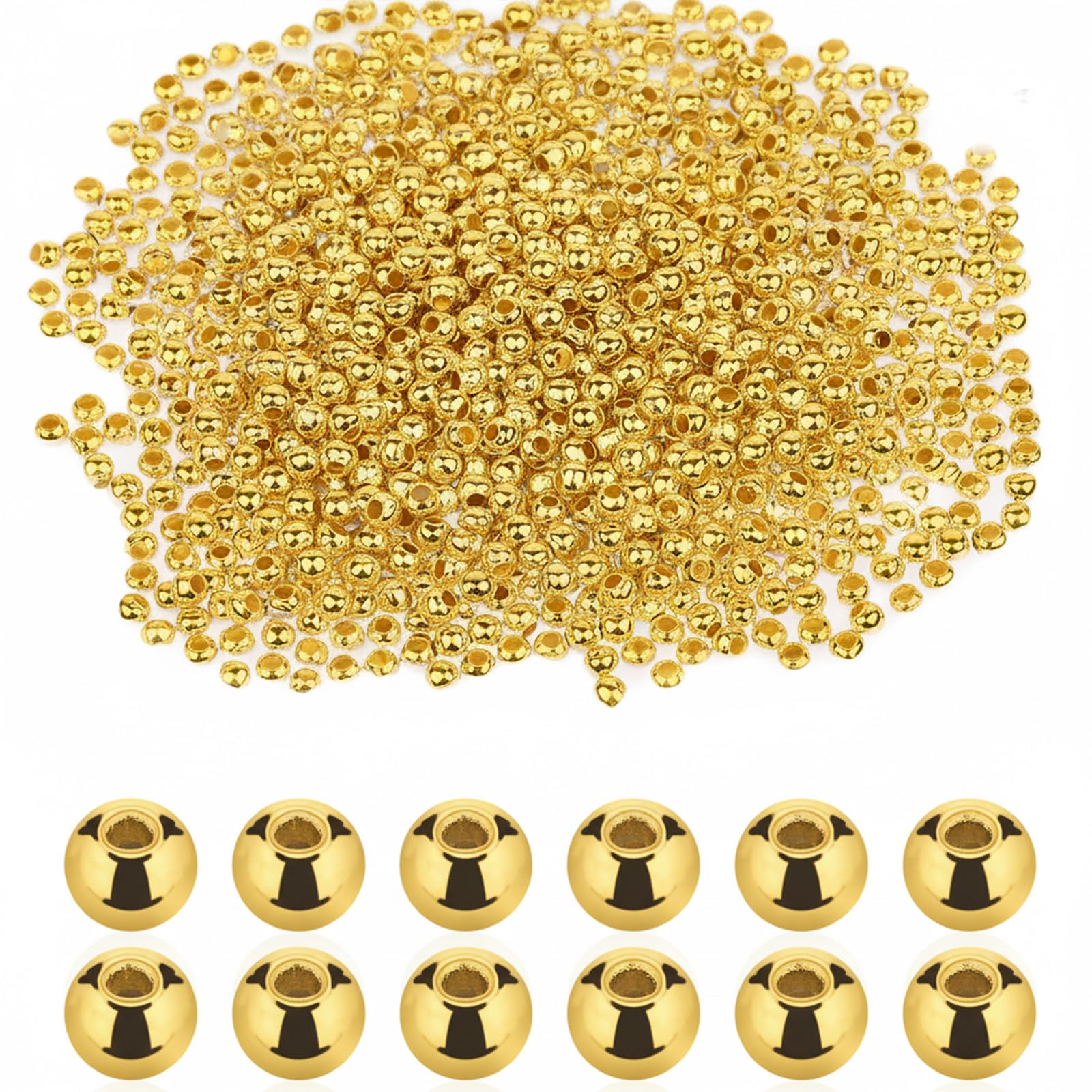 1500PCS 3mm Smooth Round Spacer Beads, Mini Golden Plated Metal Beads Loose Small Steel Balls with Hole for Bracelet Necklace DIY Crafts Chain Jewelry Making Supplies