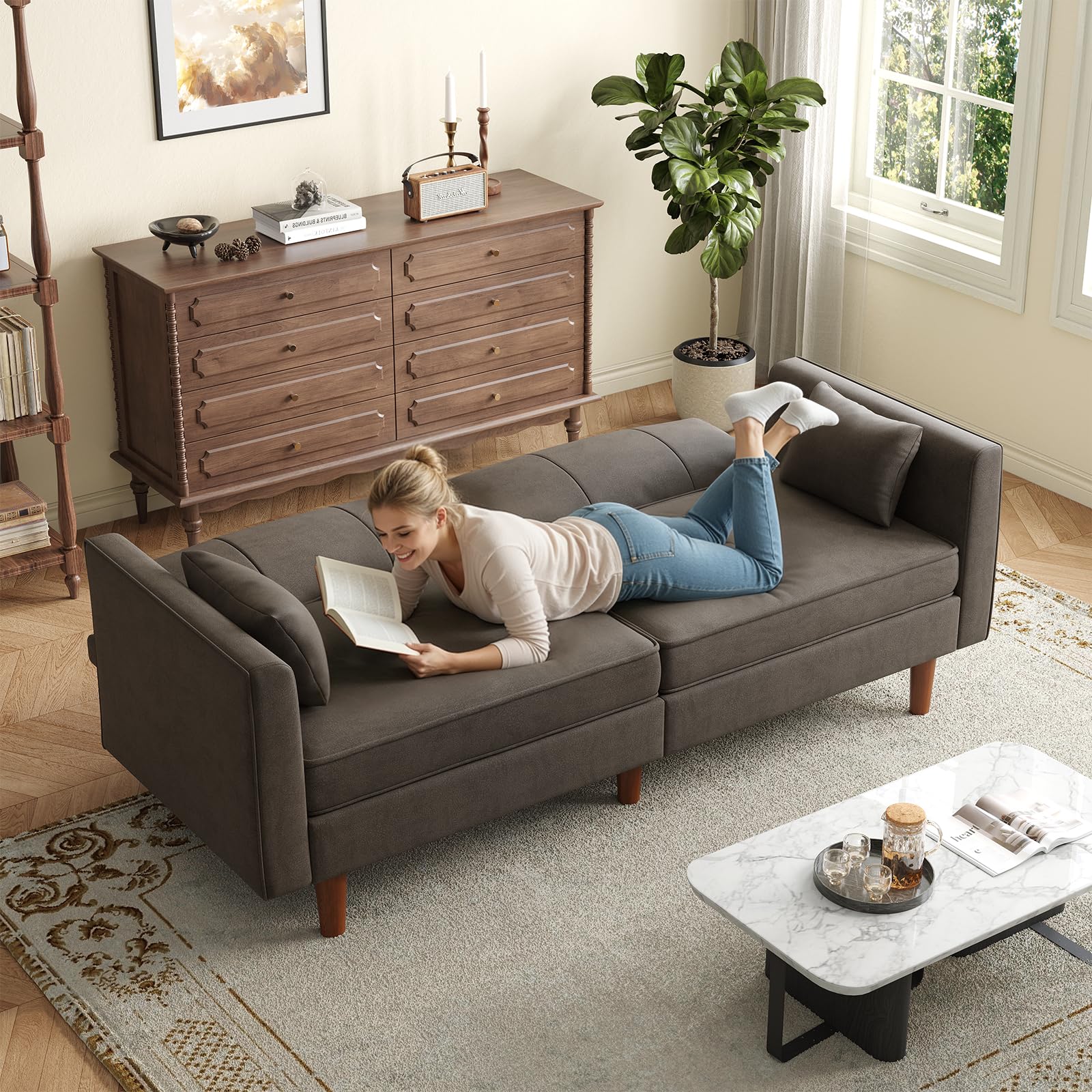 Faux Leather Futon Sofa Bed, 71" Convertible Sleeper Sofa Couch | Leather Couch with Adjustable Backrest Folding Loveseat for Apartment, Living Room, Office, Brown