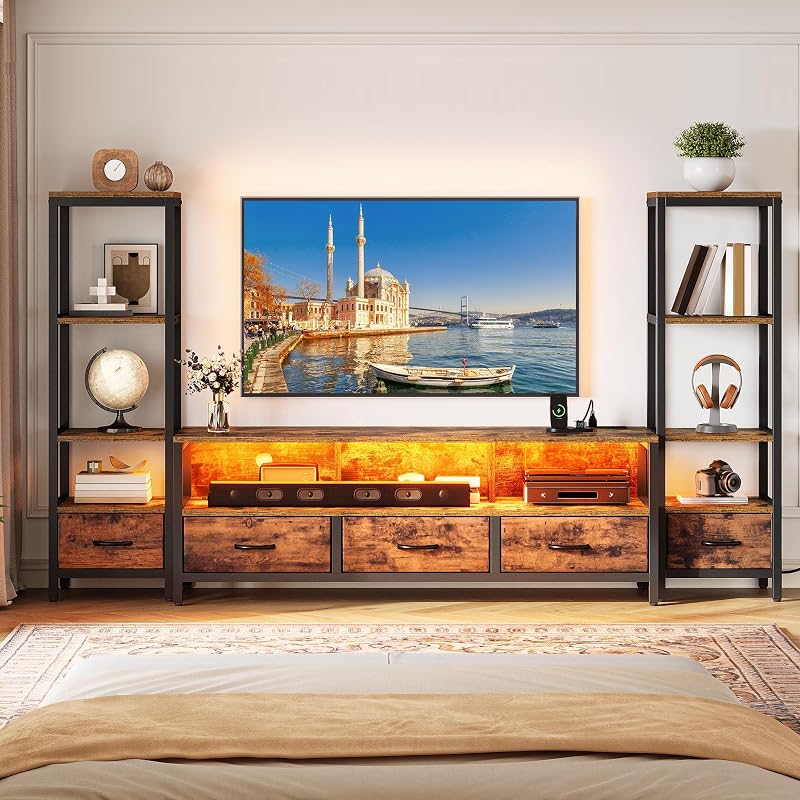 YITAHOME Brown Farmhouse Media Stand, LED, 4-Tier Shelves