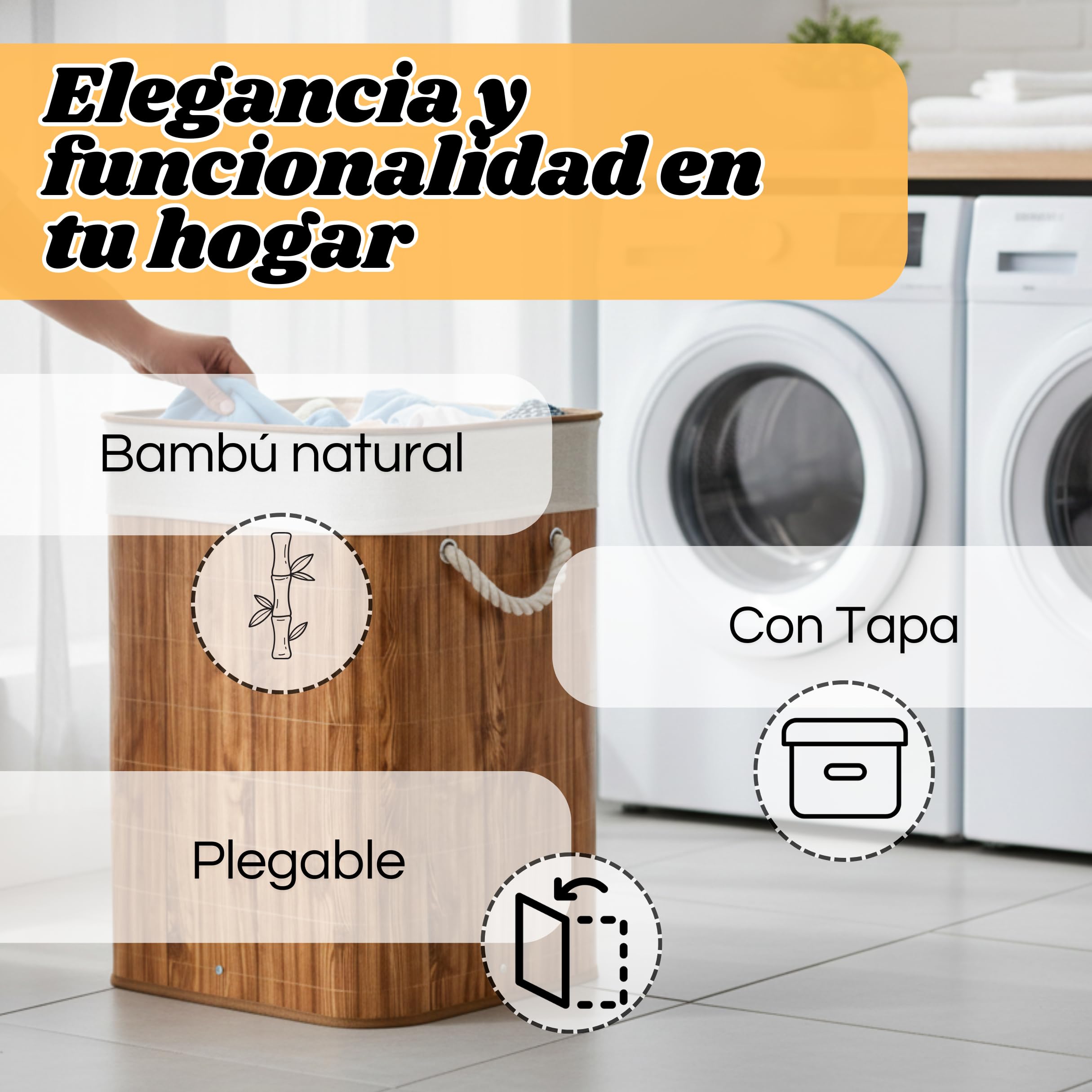 Weida Cesto de la Ropa Sucia de Bambú | Rectangular con Tapa y Asas Plegable | Bolsa Extraíble y Lavable |Moderno, para baño o Dormitorio | Marrón Madera (60cm-40cm-30cm Rectangular) - 2