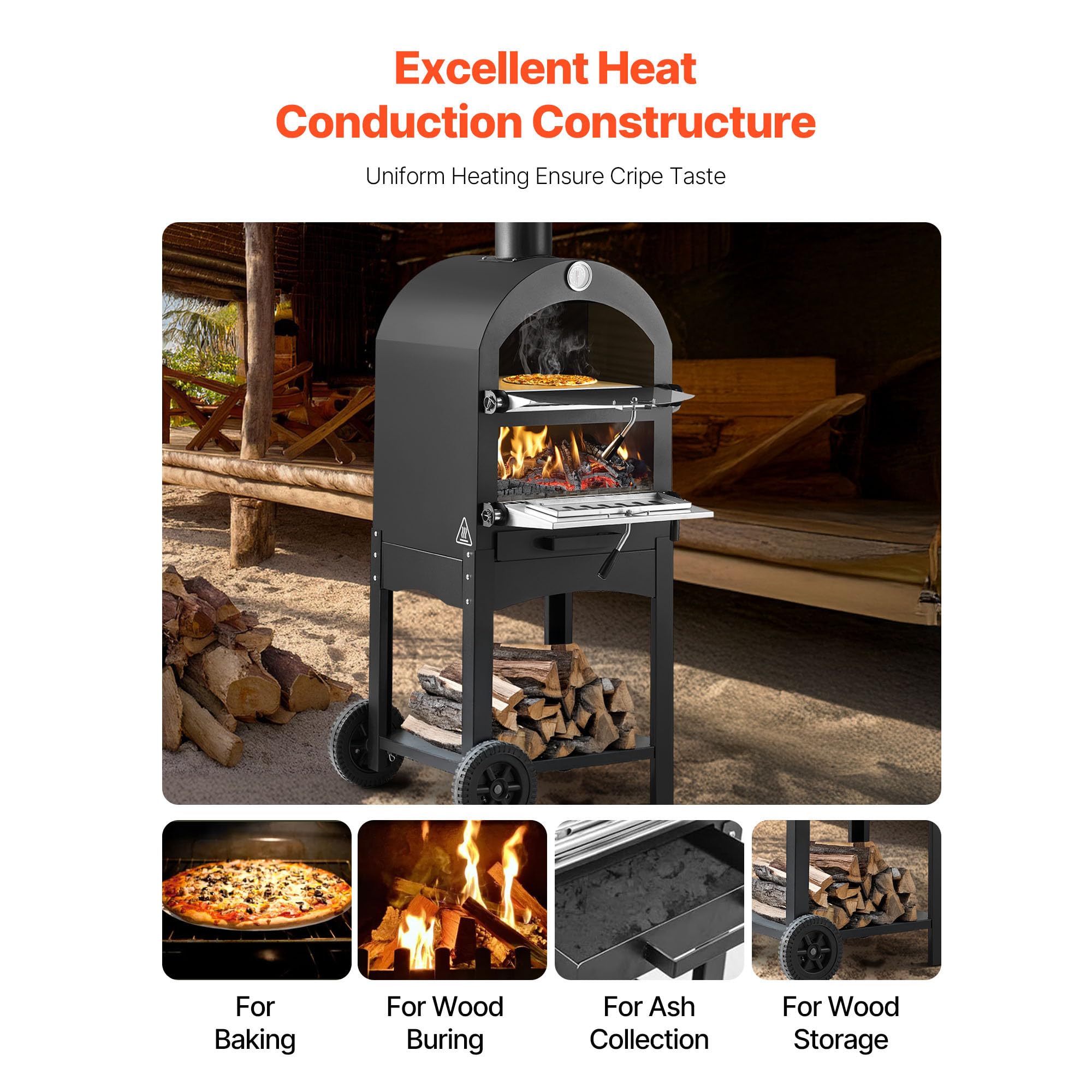 VEVOR Forno per Pizza da Esterno Portatile 12 pollici a Pellet max. 540°C con 2 Ruote Rimovibili