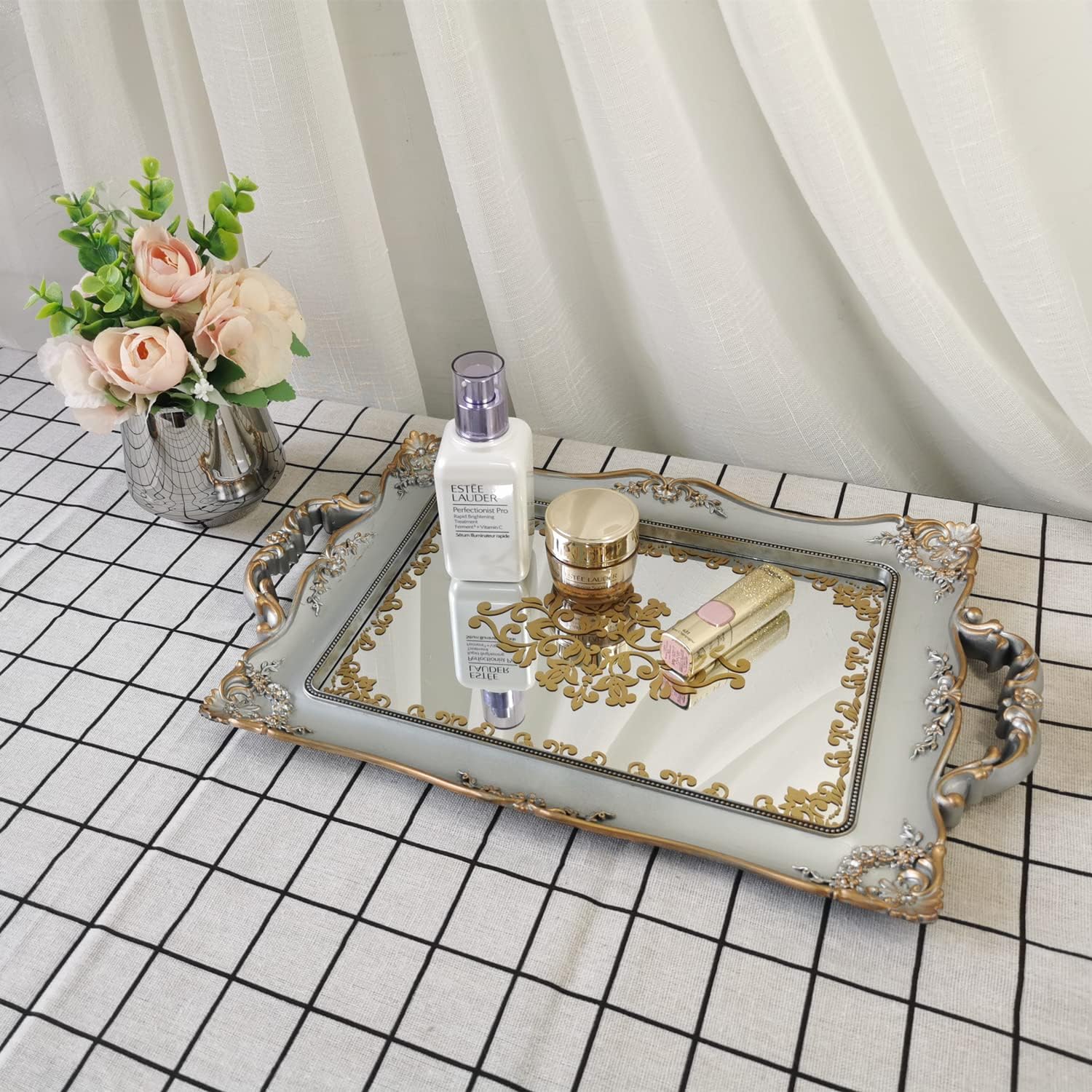Yash YANIZU Decorative Mirror Tray, Floral Vanity Organizer for Makeup, Jewelry, Perfume, Vintage Rectangular Display and Serving Tray for Dresser, Counter and Coffee Table, 9.5Inx14.9In (Silver)
