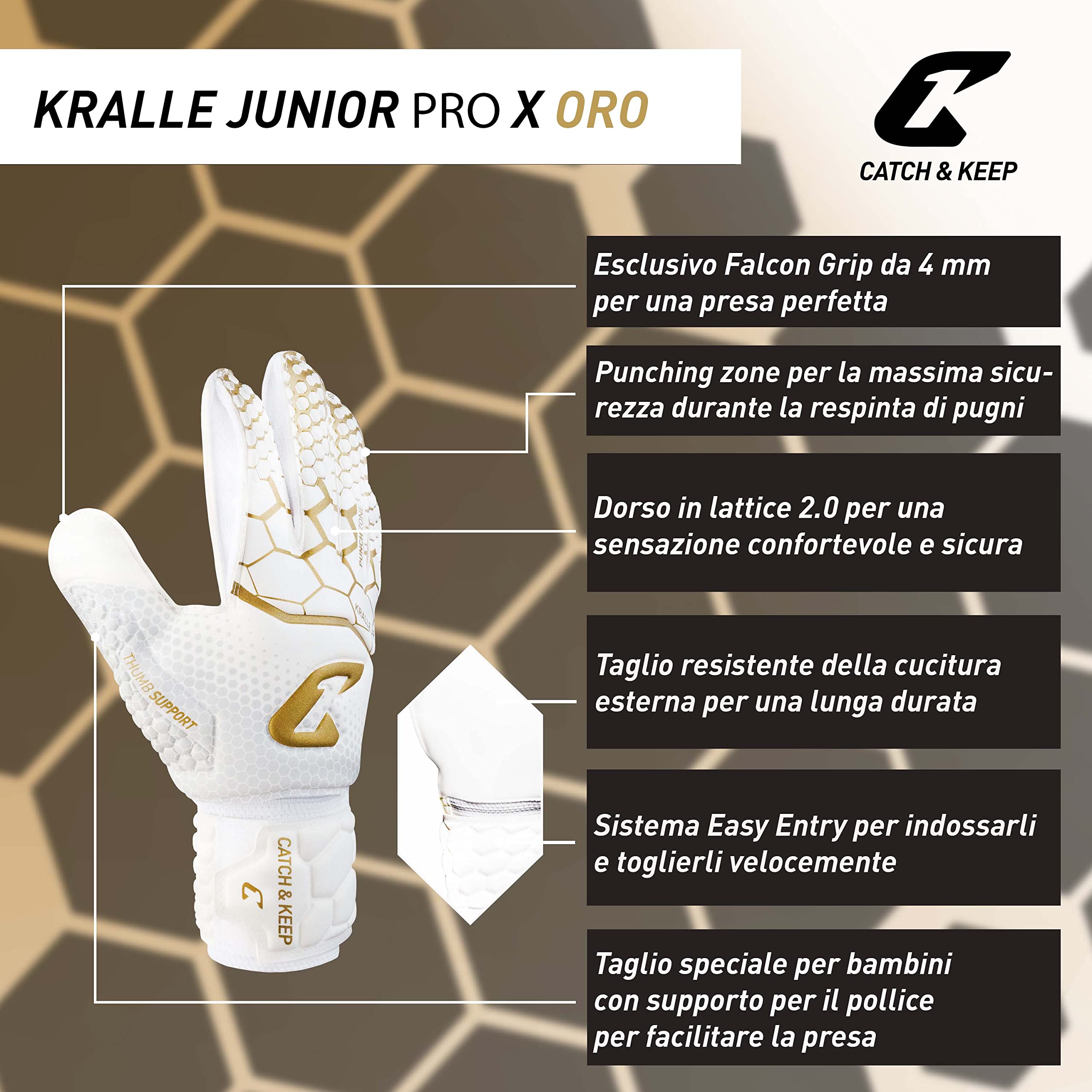 CATCH & KEEP Guanti da portiere Kralle Junior Pro 3.0 - Guanti portiere bambino - Falcon Grip ultra forte - Ottima vestibilità per bambini (4, Oro/Bianco)
