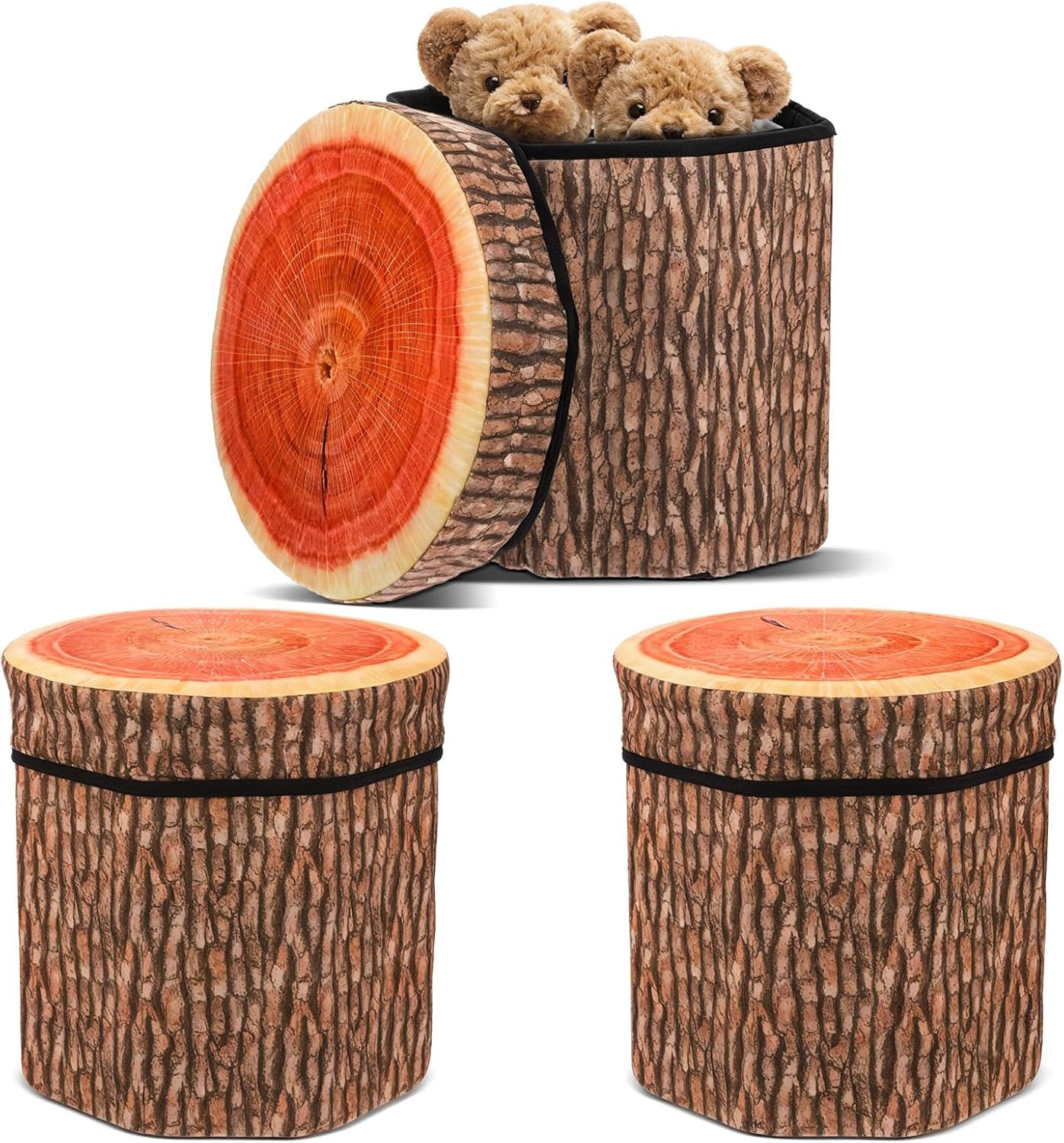 3 Pcs Tree Stump Storage Stool, 12 x 12 Inch Fiberboard Ottoman with Foam Cushion, Folding Toy Box and Foldable Seat Chest for Kids, Classic Design