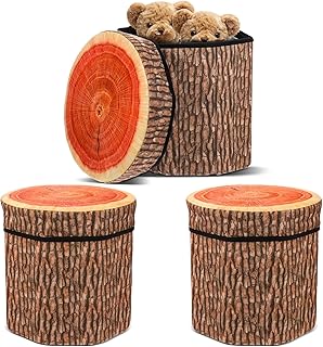 3 Pcs Tree Stump Storage Stool, 12 x 12 Inch Fiberboard Ottoman with Foam Cushion, Folding Toy Box and Collapsible Seat Chest for Kids, Classic Design