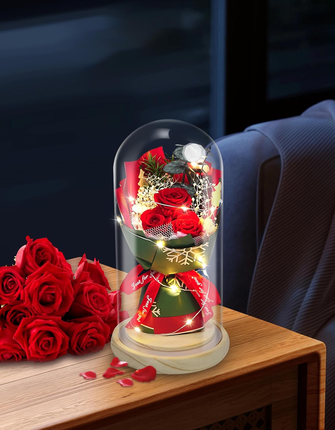 HVY Christmas Day Gifts for Women,Preserved Flowers Bouquet in Glass with LED Light,Flowers Fresh Bouquets for Her,Preserved Rose for Valentine's Day,Anniversary,Birthdays,Red Rose - Image 7