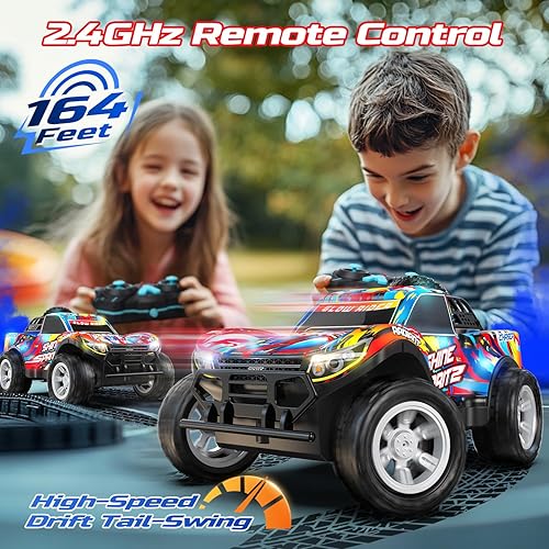 Miniatura 6 de DEERC Auto a control remoto para niños y niñas de 4 a 8 años, camión RC con música y luces LED coloridas, vehículo de deriva todo terreno de 2.4