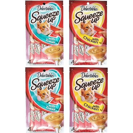 Delectables Hartz Squeeze Up Cat Treats Variety 4 Pouch Bundle of 2 Flavors; 2 Pouches of Each Flavor (2.0 oz Each) (Chicken, Tuna)