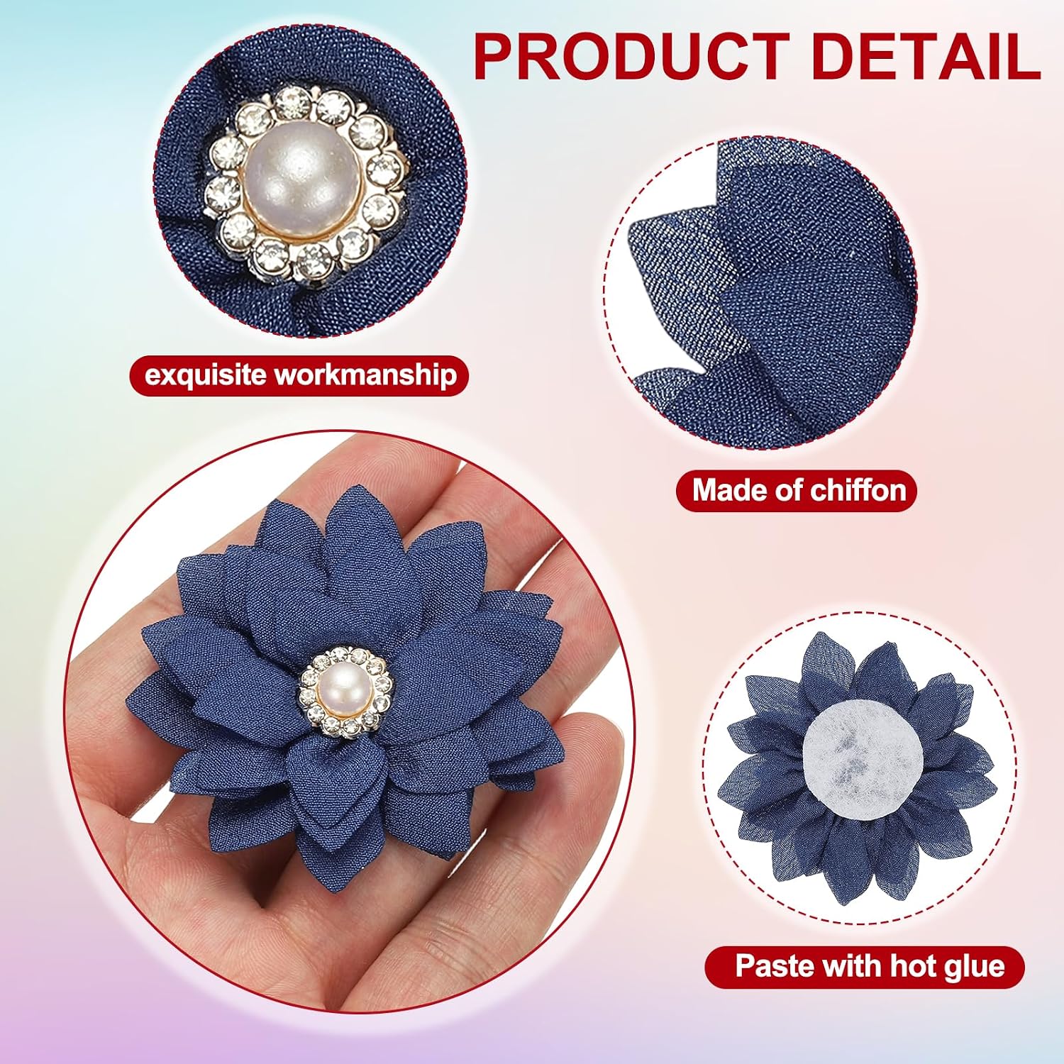 PATIKIL 2.36 in Rhinestone Chiffon Flower, 12 Pcs Fabric Flowers Rhinestone Pearl Sewing Appliques for DIY Crafts Dresses Clothing Headbands Wedding Decoration, Navy Blue