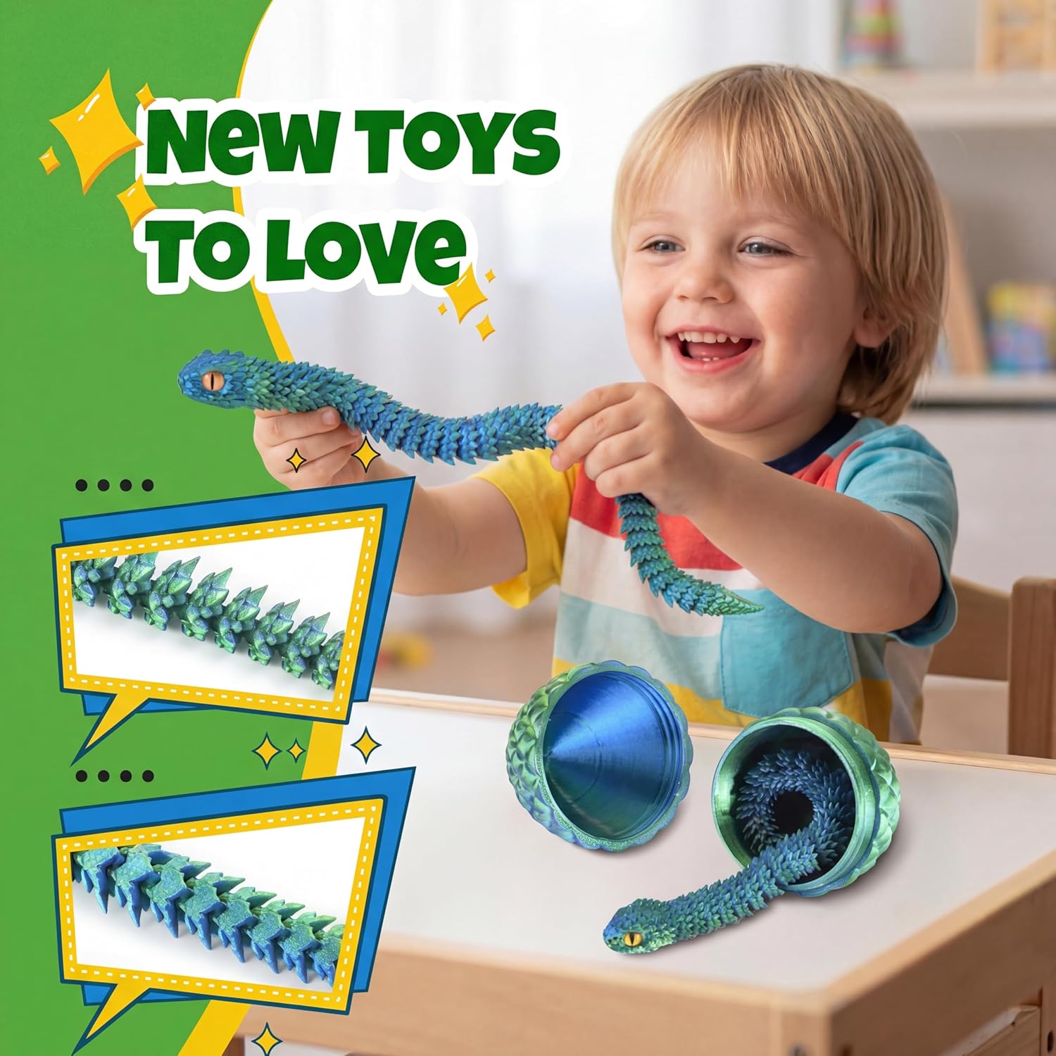 3D Printed Snake Egg for Kids Teens – Hatch a Poseable Serpent, Reusable Treasure Chest, Fidget Toy & Desk Decor – Perfect for Mother's Day, Children's Day, Birthday Gifts (Blue-Green)