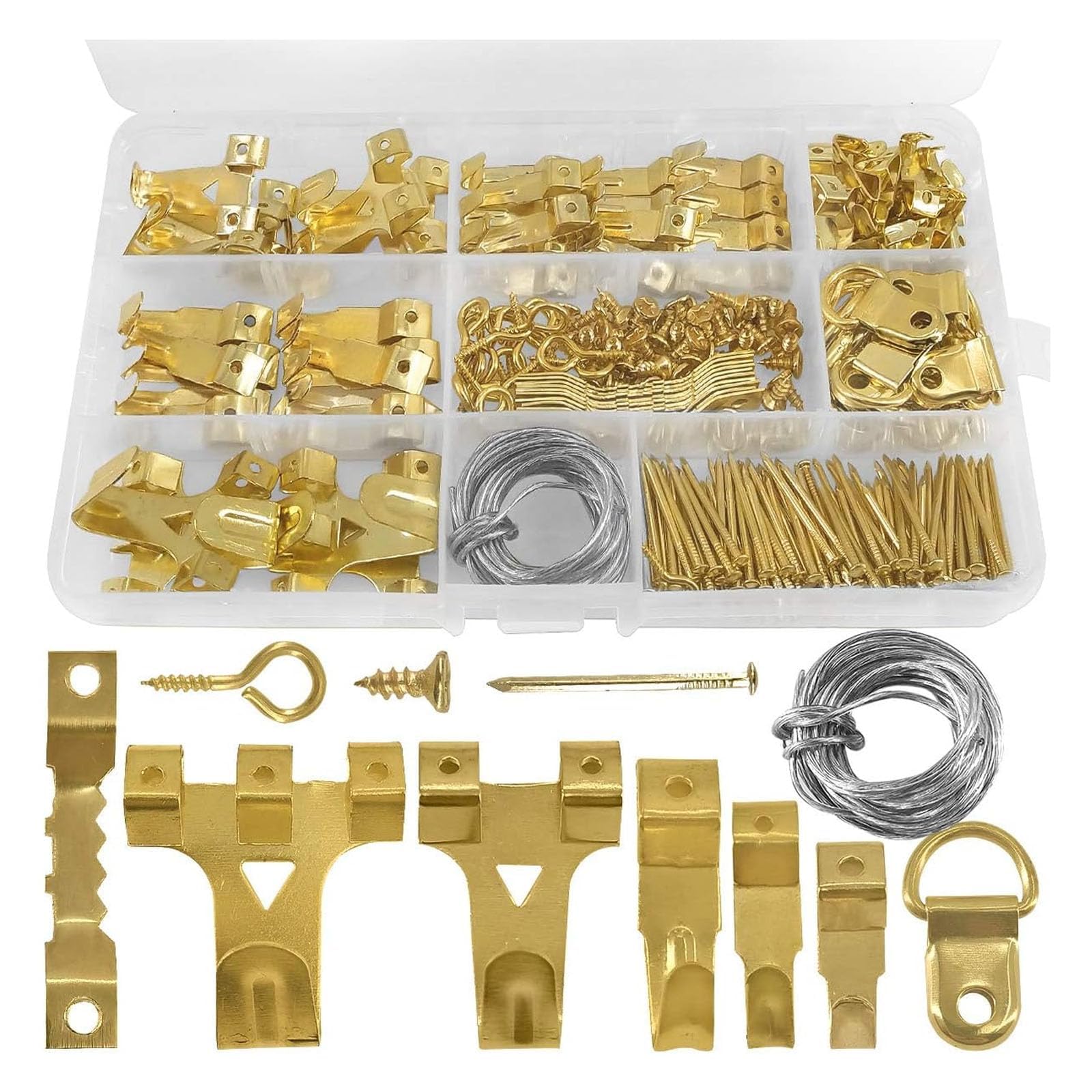 250 Pcs Picture Hooks Picture Hanging Kit for Picture Frame Fixing Hard Walls Photo Hooks Assorted Picture Hanger Set with Saw Tooth, D-Ring, Nails, Wire,Screws