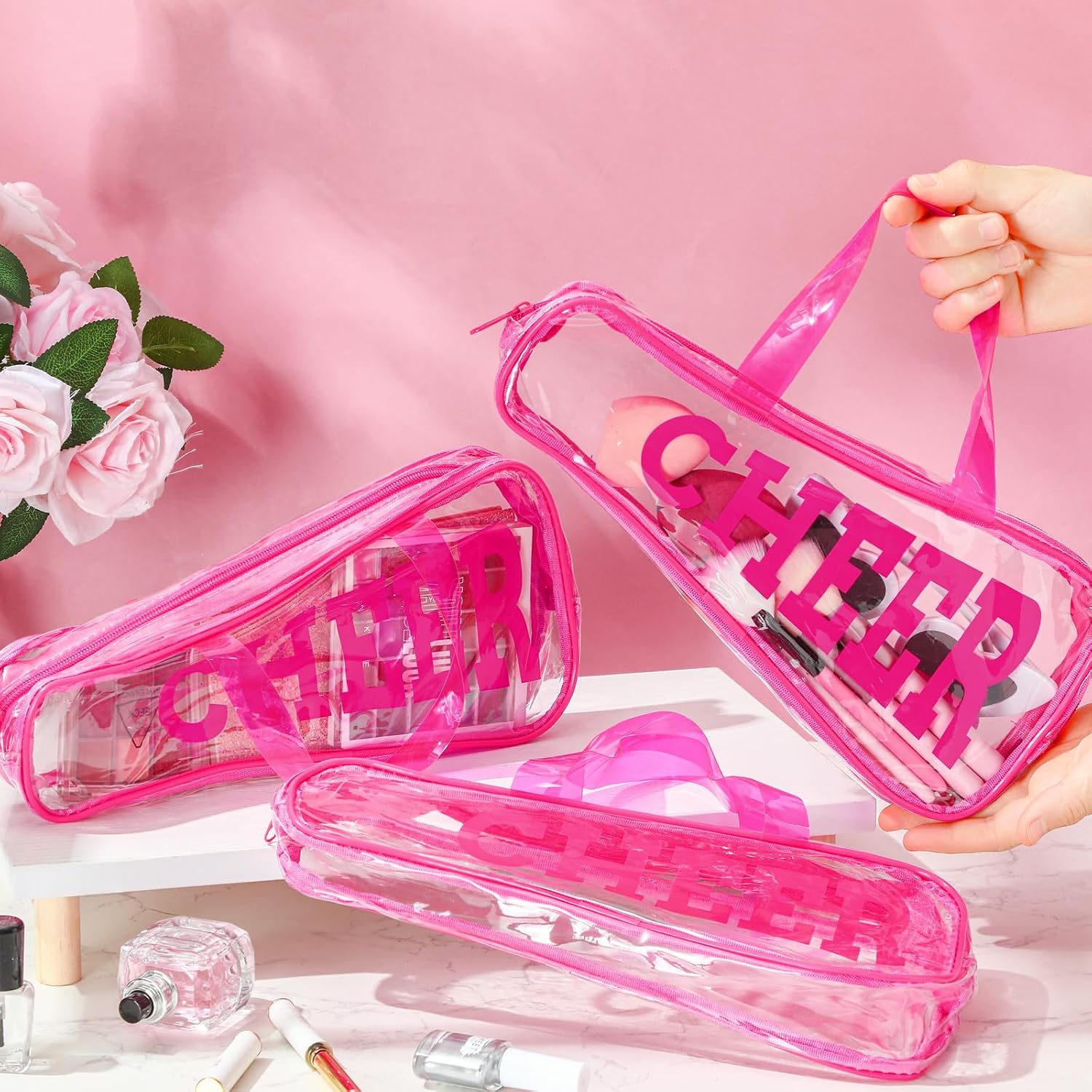 12 Pcs Clear Cheer Gift Bag Bulk for Team 11 x 5.3" PVC Cheerleading Gift Waterproof Portable Cheerleader Tote Cheerleading Travel Duffel Packet for Sport Senior Night Grad Party(Pink) image 2